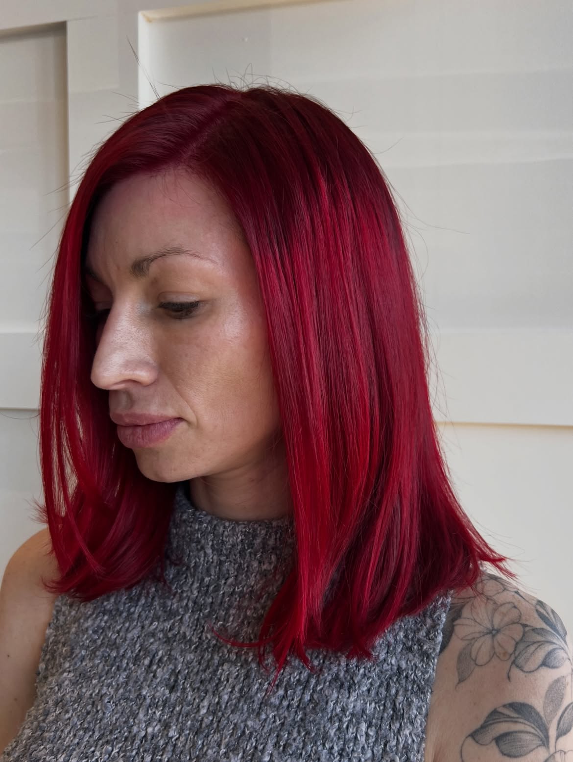 Vibrant Cherry Red Collarbone Length Cut