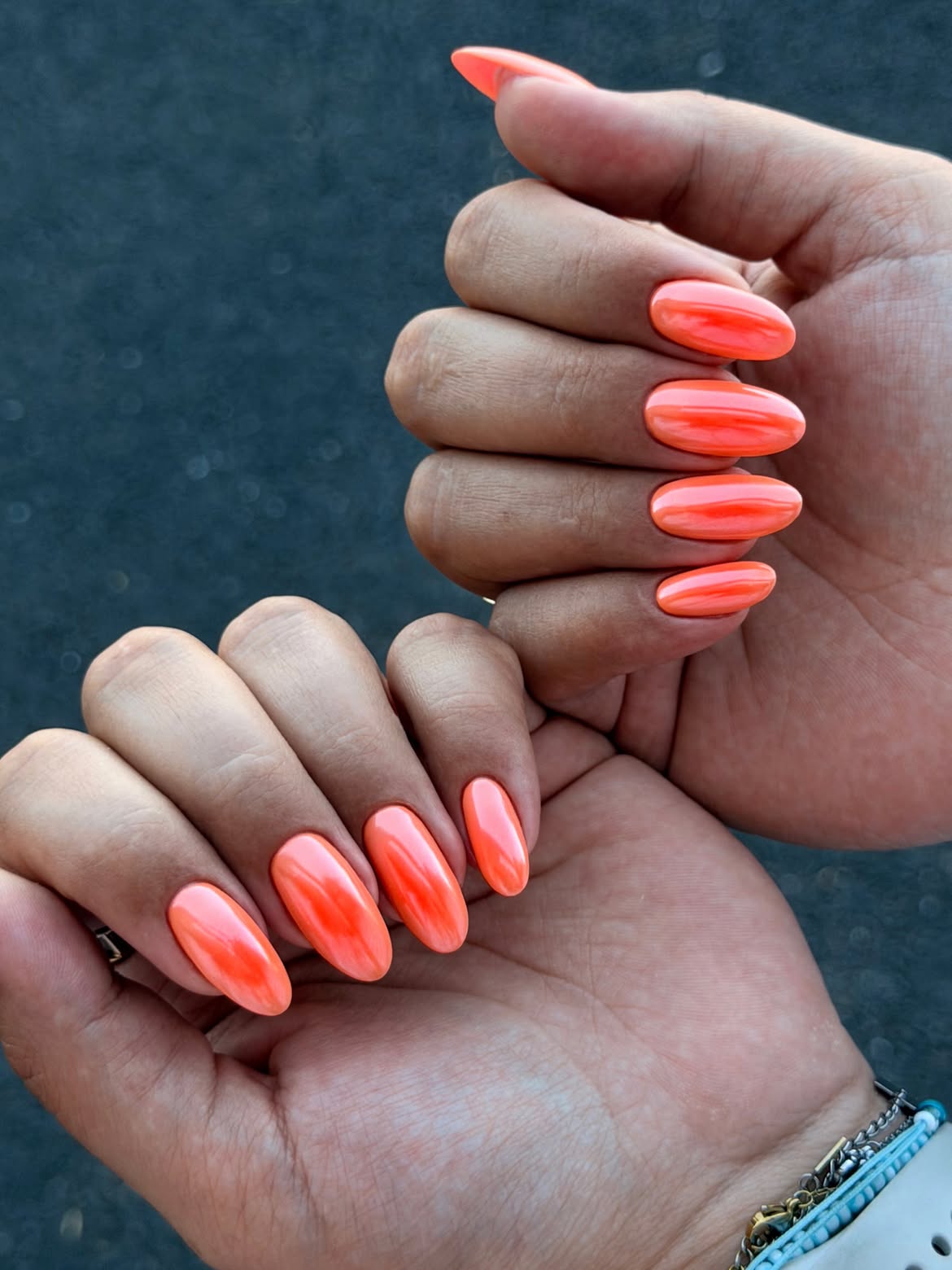 Vibrant Coral Ombre Glossy Almond Nails