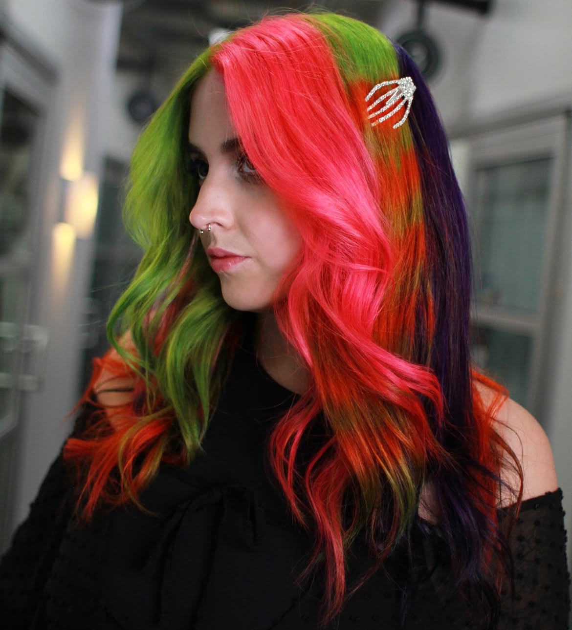 Vibrant Halloween Split Dye With Skeleton Hand Clip
