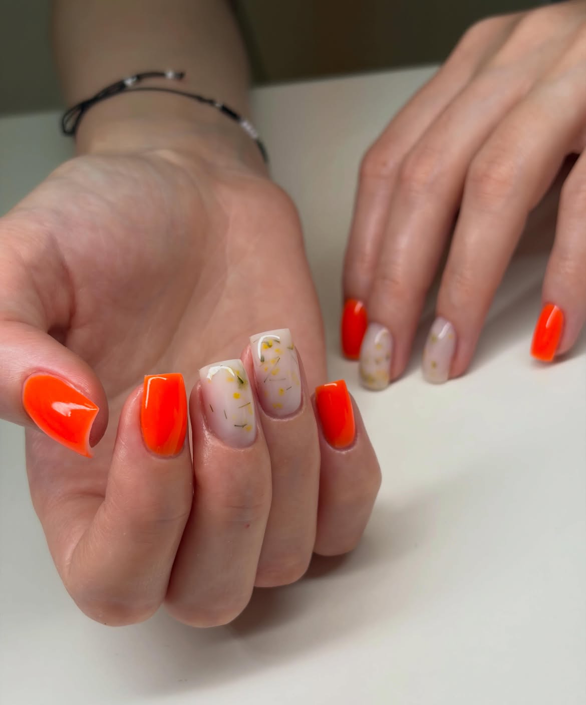 Vibrant Orange Floral Inset Square Nails