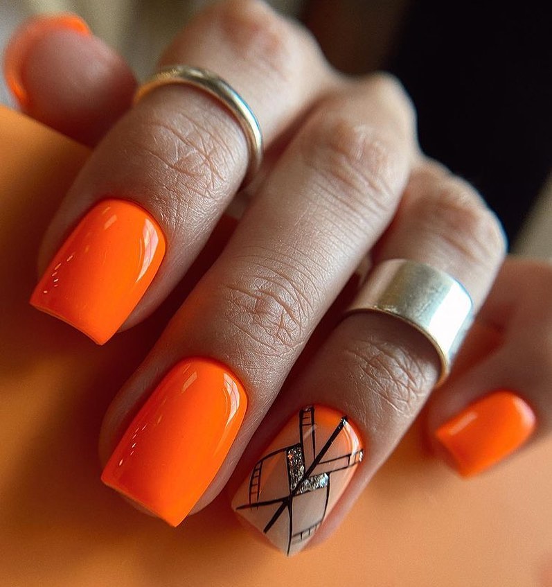 Vibrant Orange Geometric Abstract Nails
