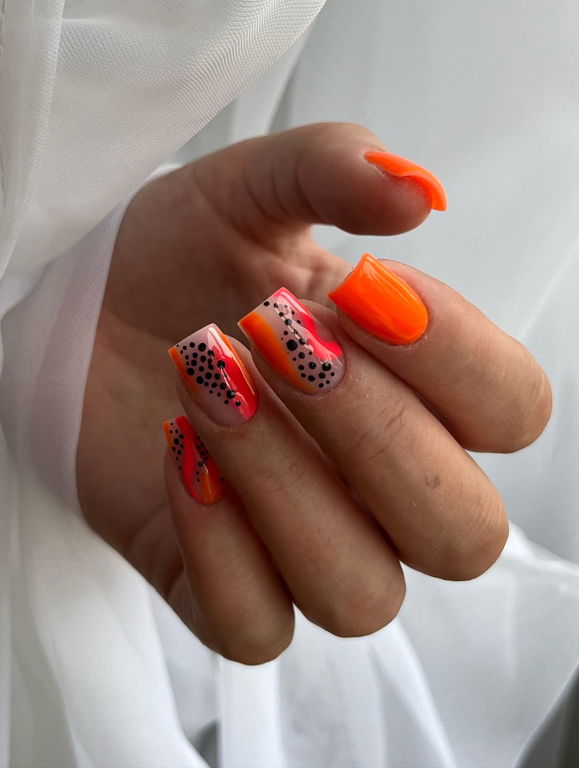 Vibrant Orange Swirl Abstract French Tips