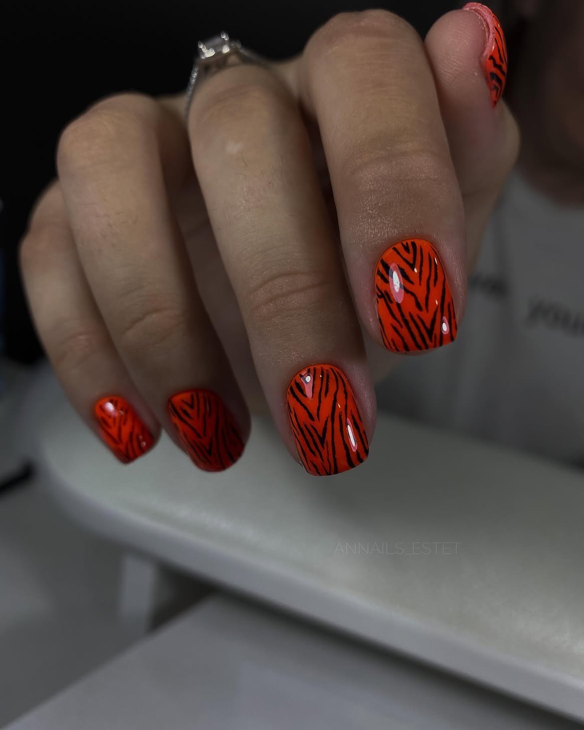 Vibrant Orange Tiger Stripe Short Square Nails