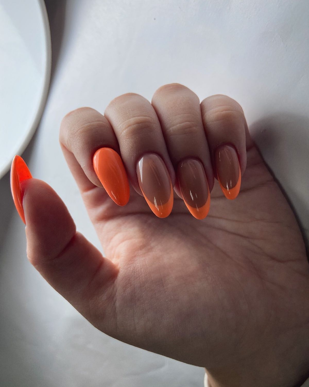 Vibrant Orange Tip Almond French Nails
