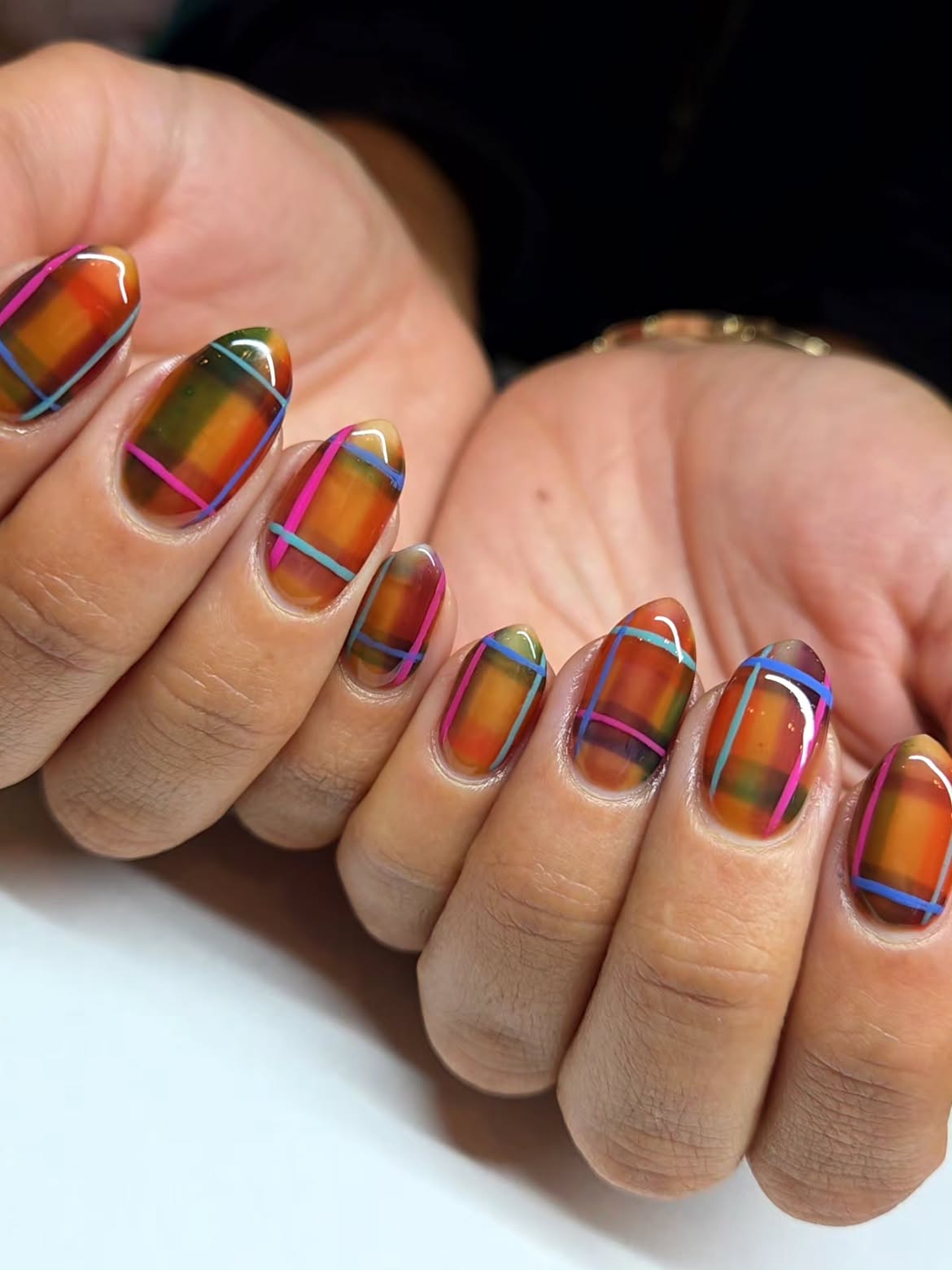 Vibrant Plaid Jelly Almond Nails