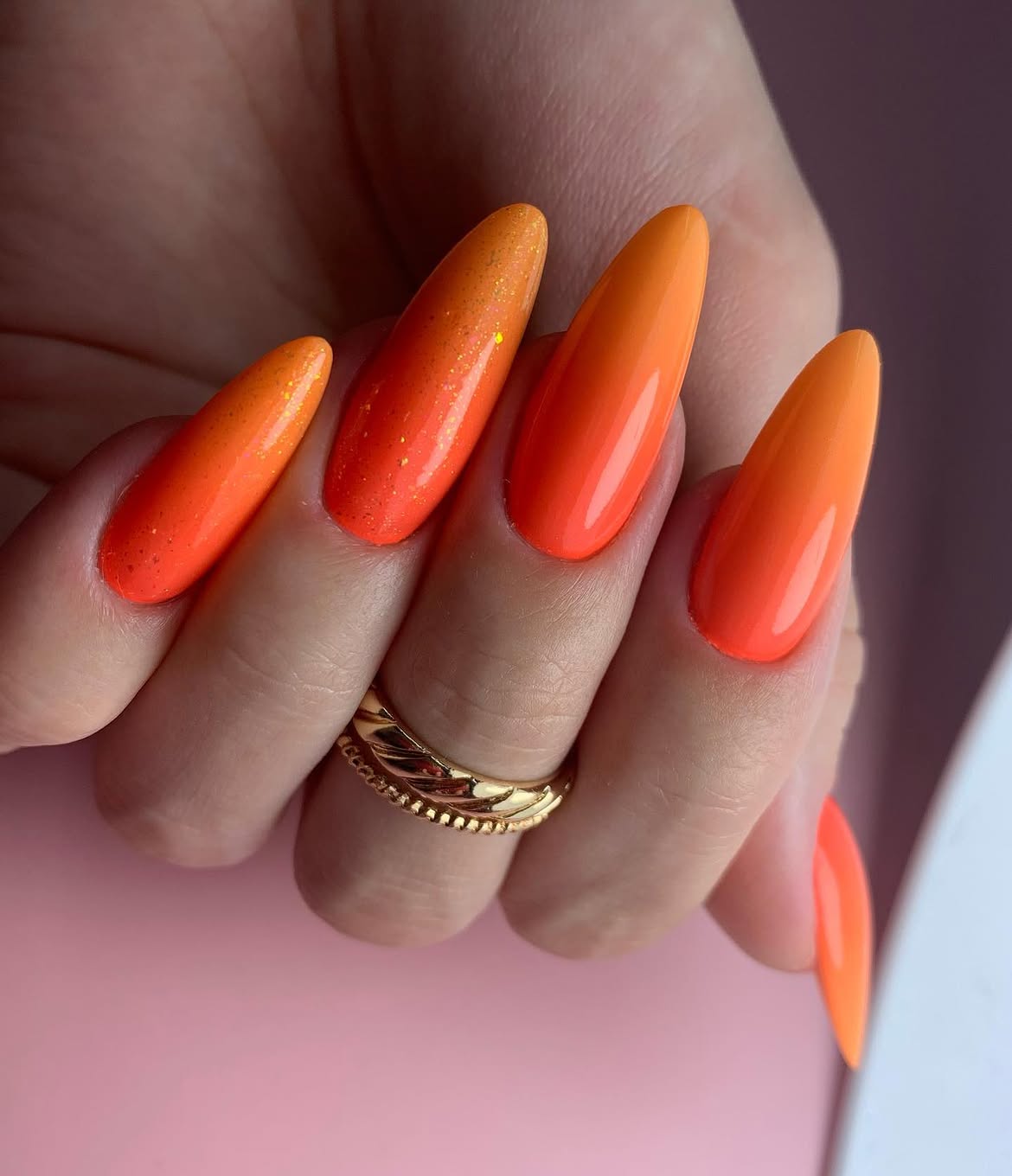 Vibrant Sunset Ombre Almond Nails with Glitter