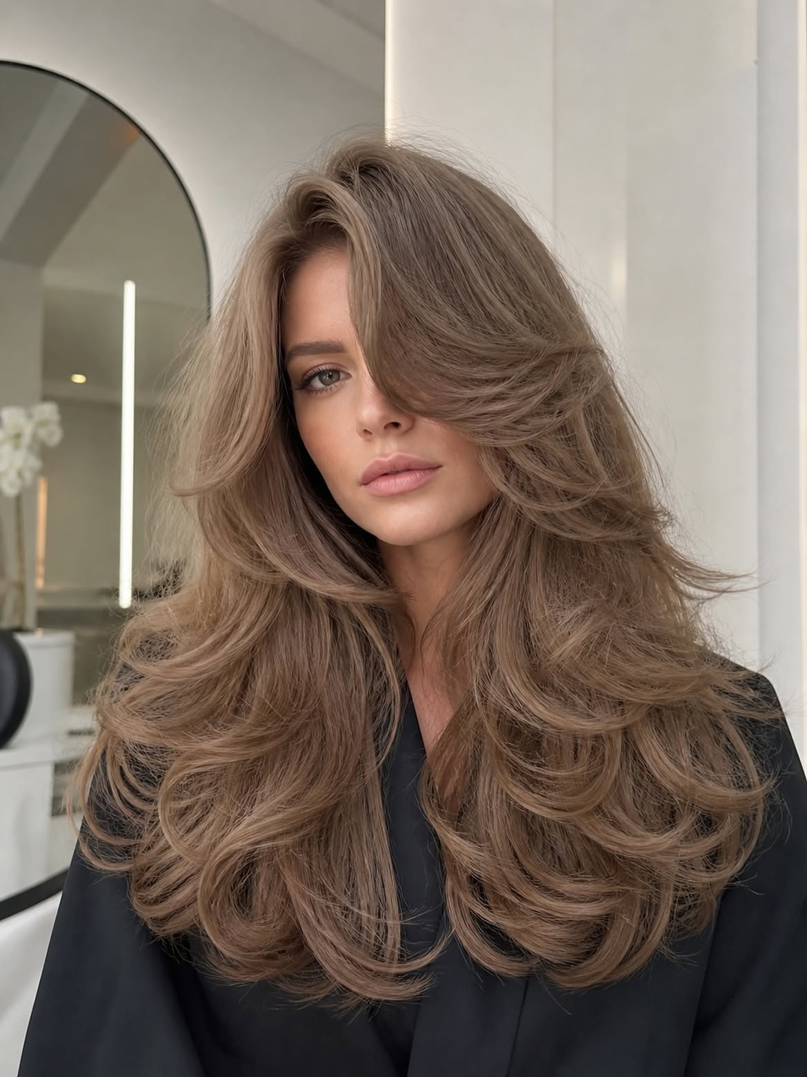 Voluminous Layered Cut With Mushroom Brown Balayage