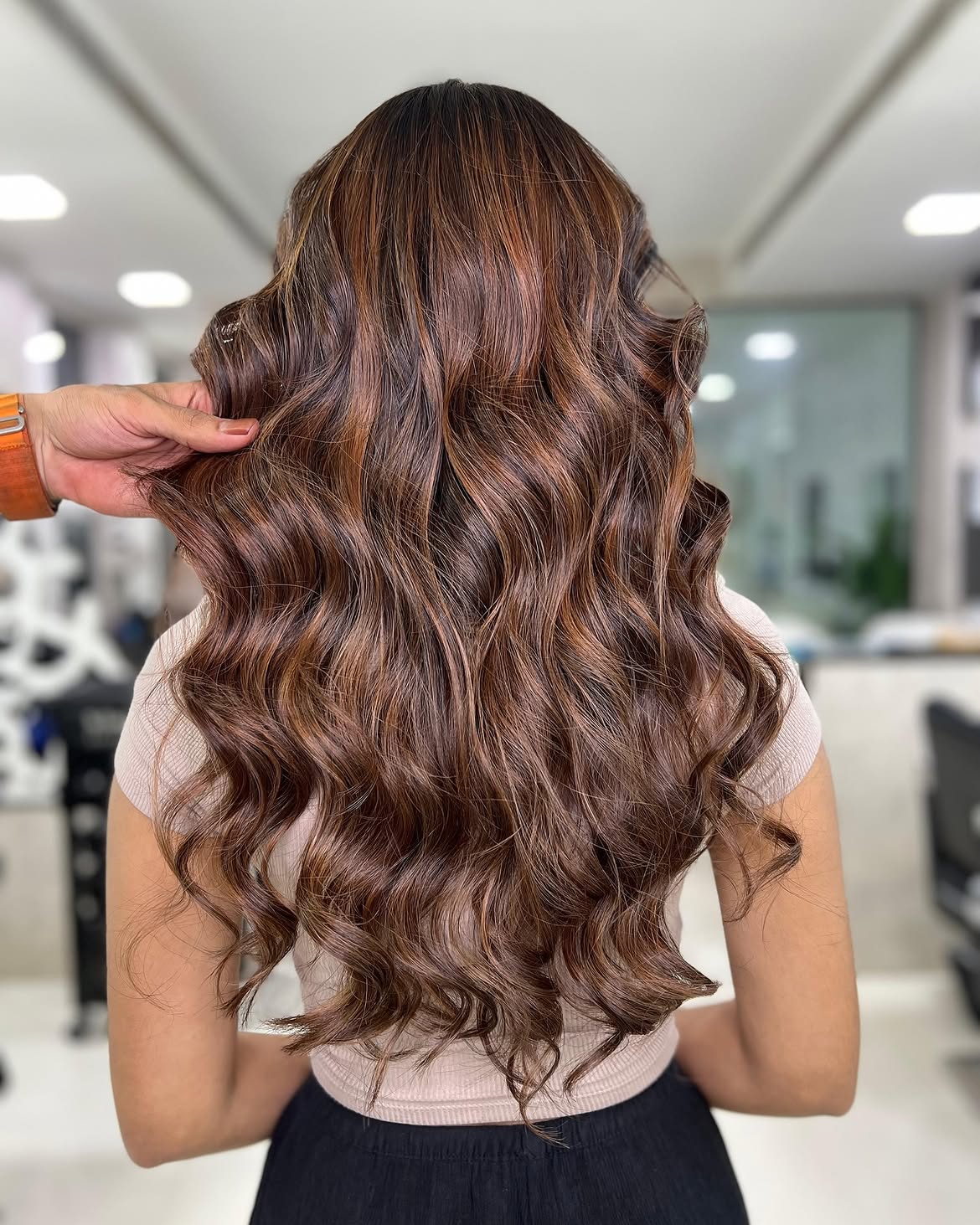 Warm Balayage Highlights On Chocolate Brown Waves