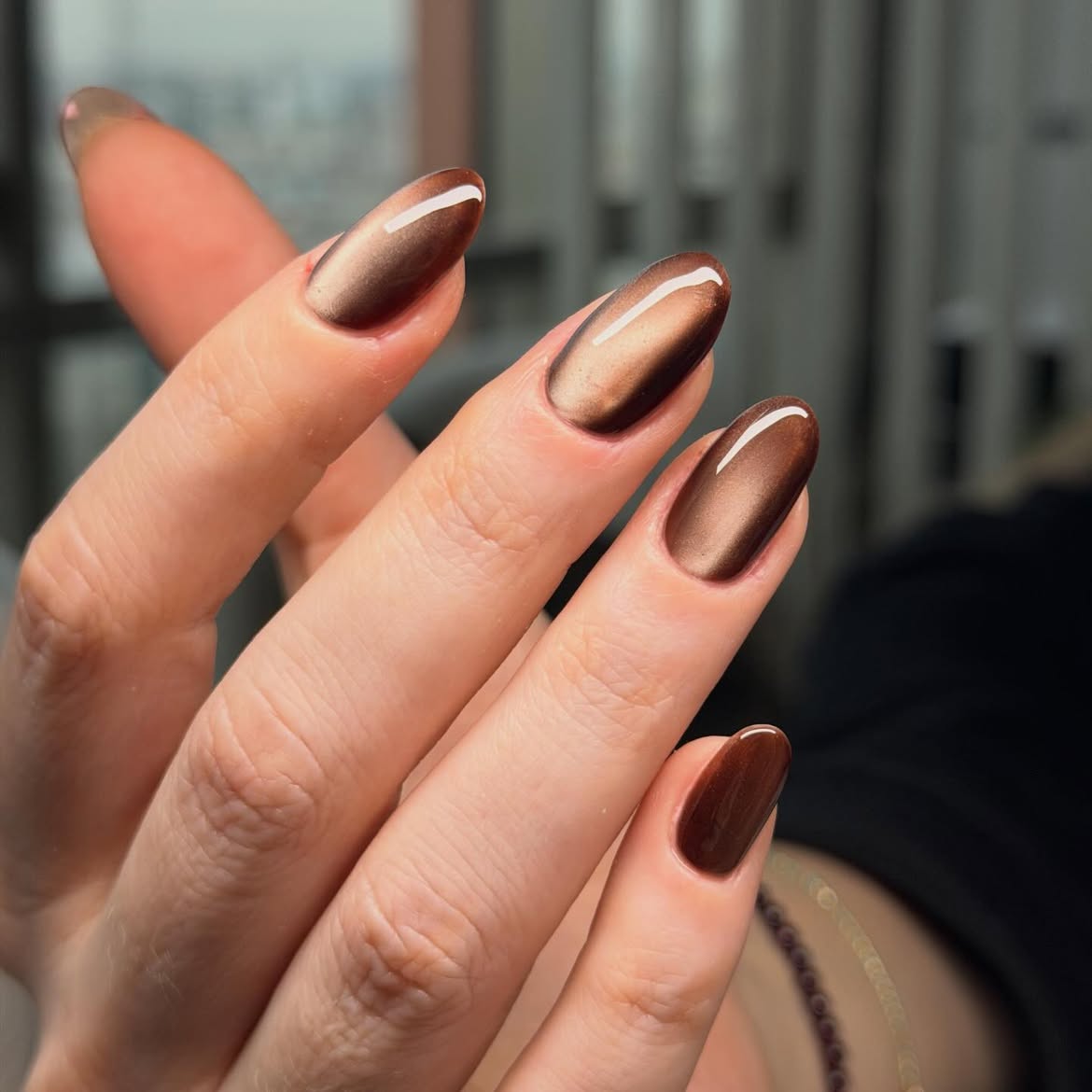 Warm Brown Cat Eye Oval Nails