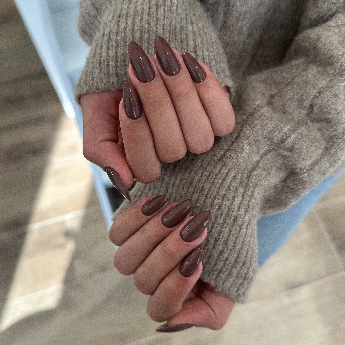 Warm Chocolate Brown Almond Nails