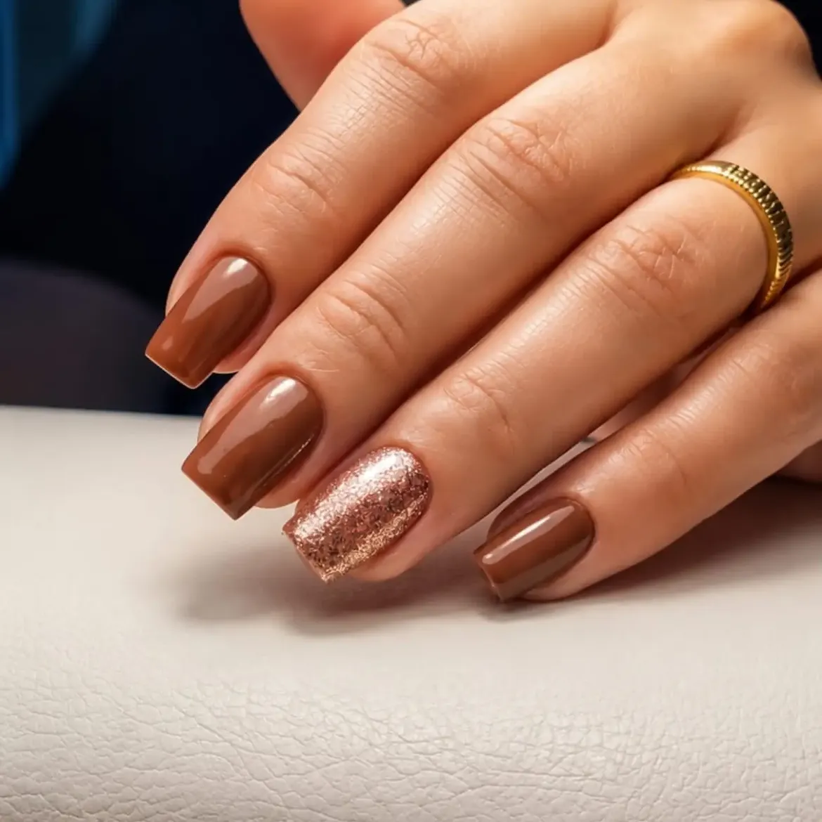 28 Stunning Coffin Nail Ideas for Your Perfect Fall Look 29 Warm Coffee Cream Square Nails with Rose Gold Sparkle