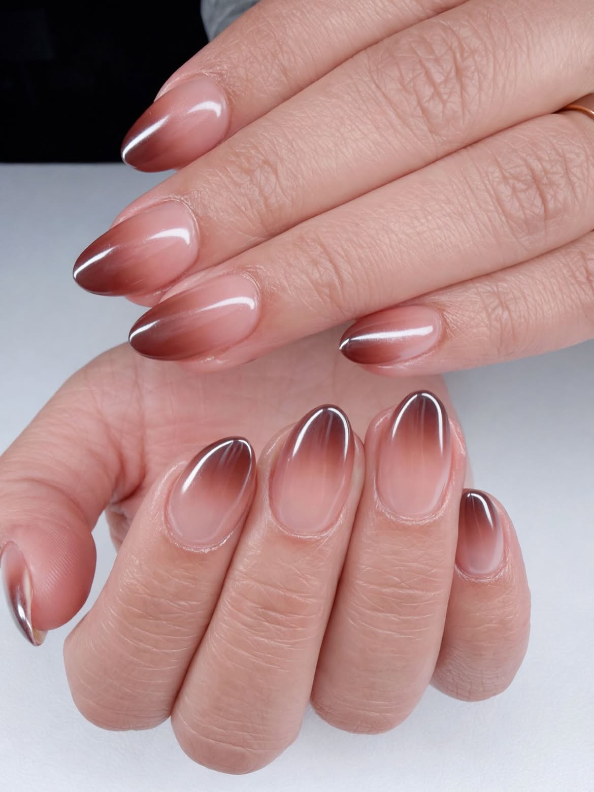 Warm Coffee Ombre Almond Nails