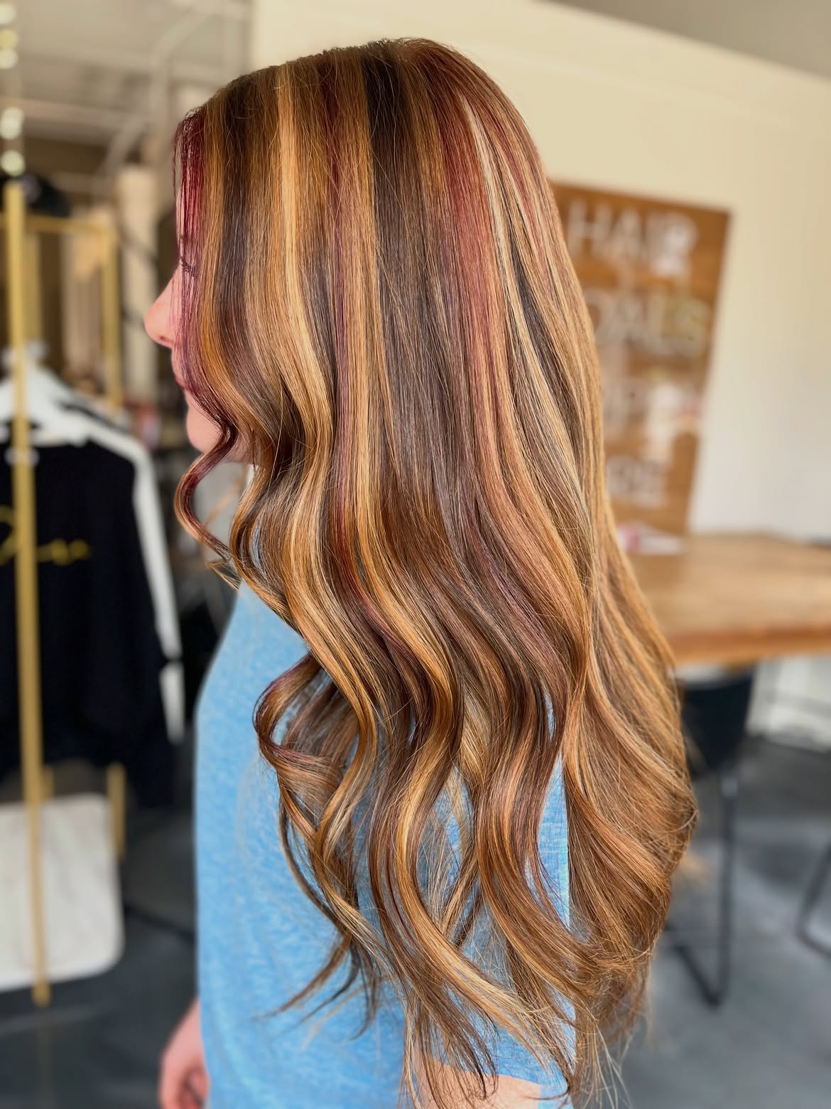 Warm Copper Balayage With Cherry Red Accents