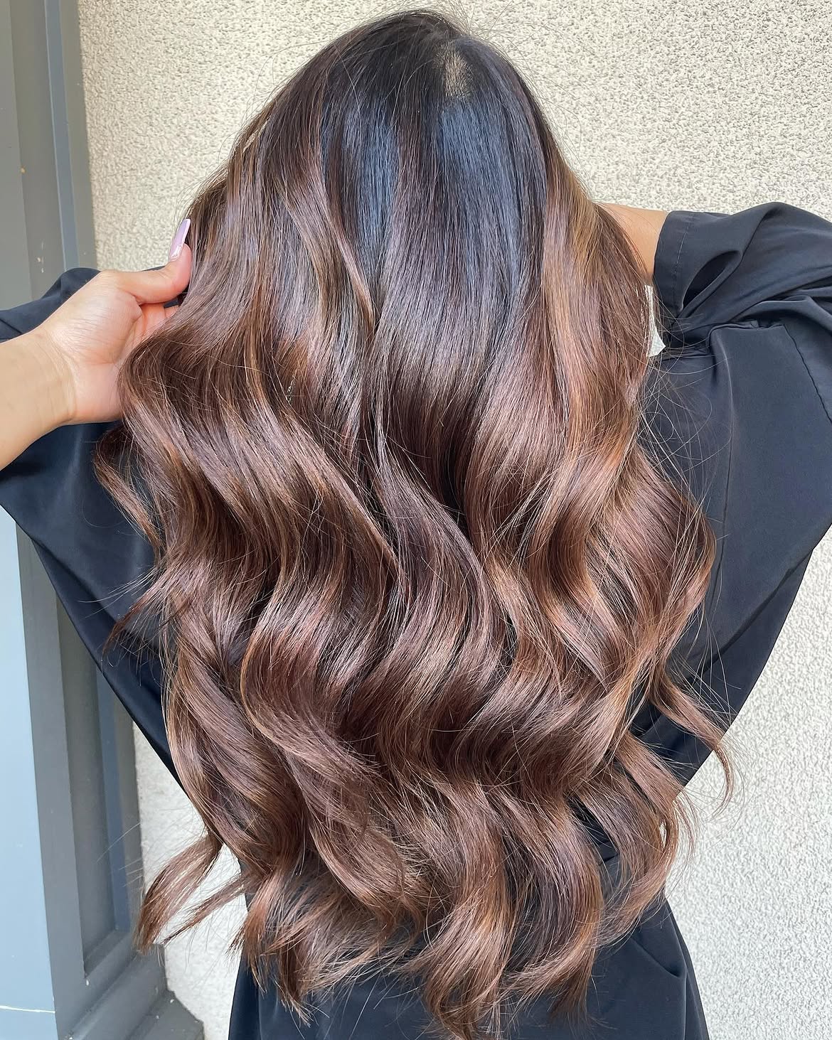 Warm Russet Balayage On Long Wavy Brunette