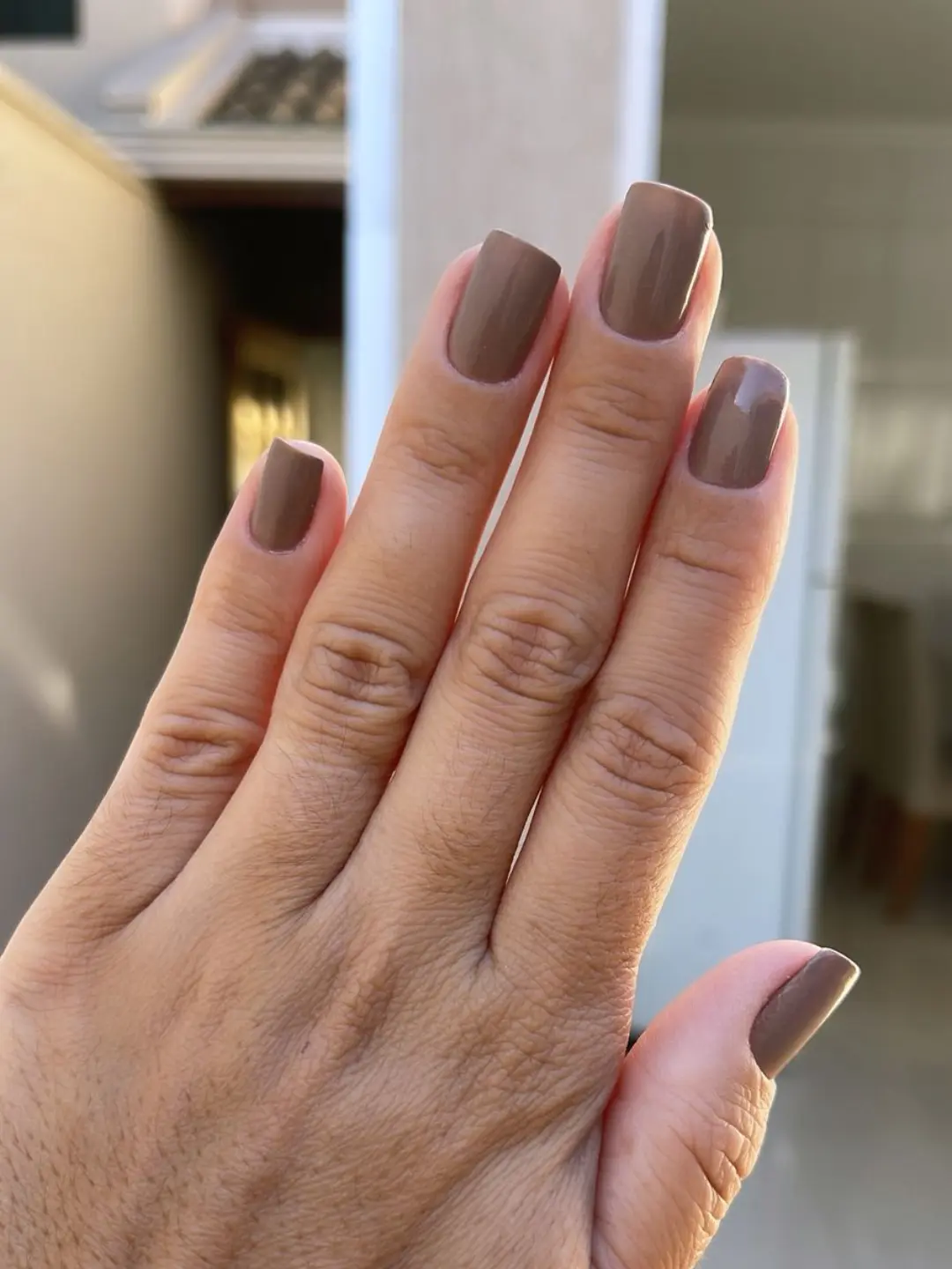 Warm Taupe Glossy Square Nails