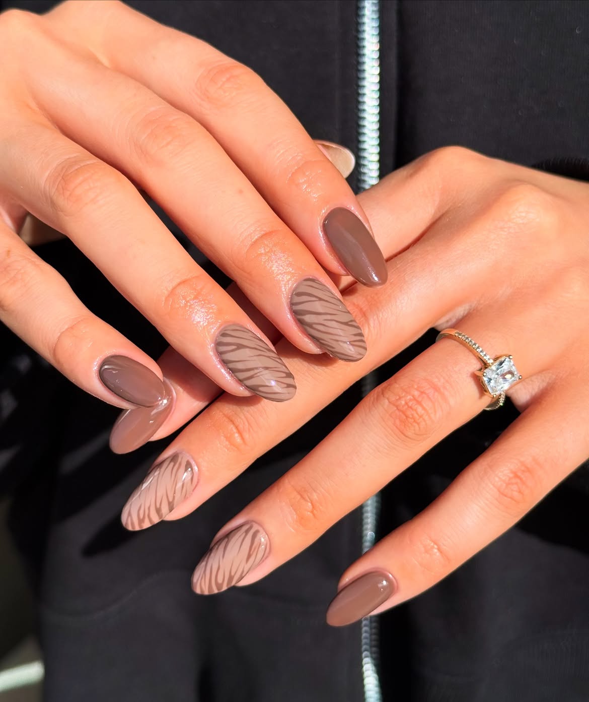 Warm Taupe Tiger Print Almond Nails