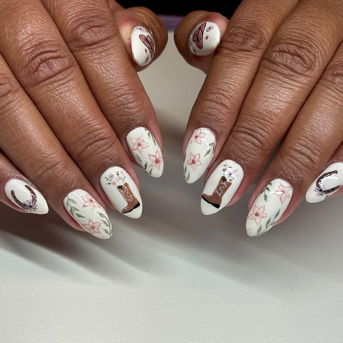 Western Boot Flower Garden Almond Nails