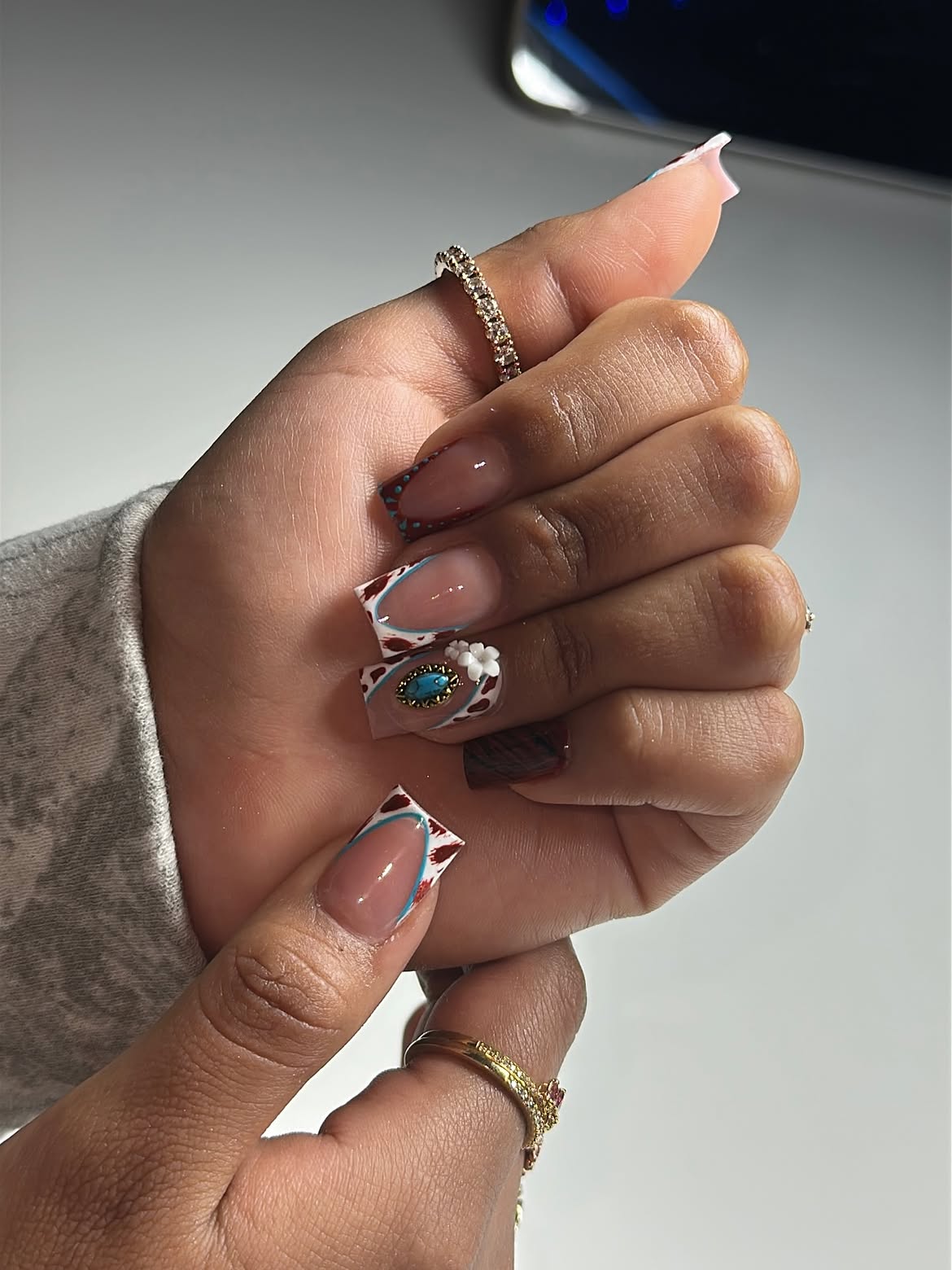 Western Cow Print & Turquoise Charm French Tips