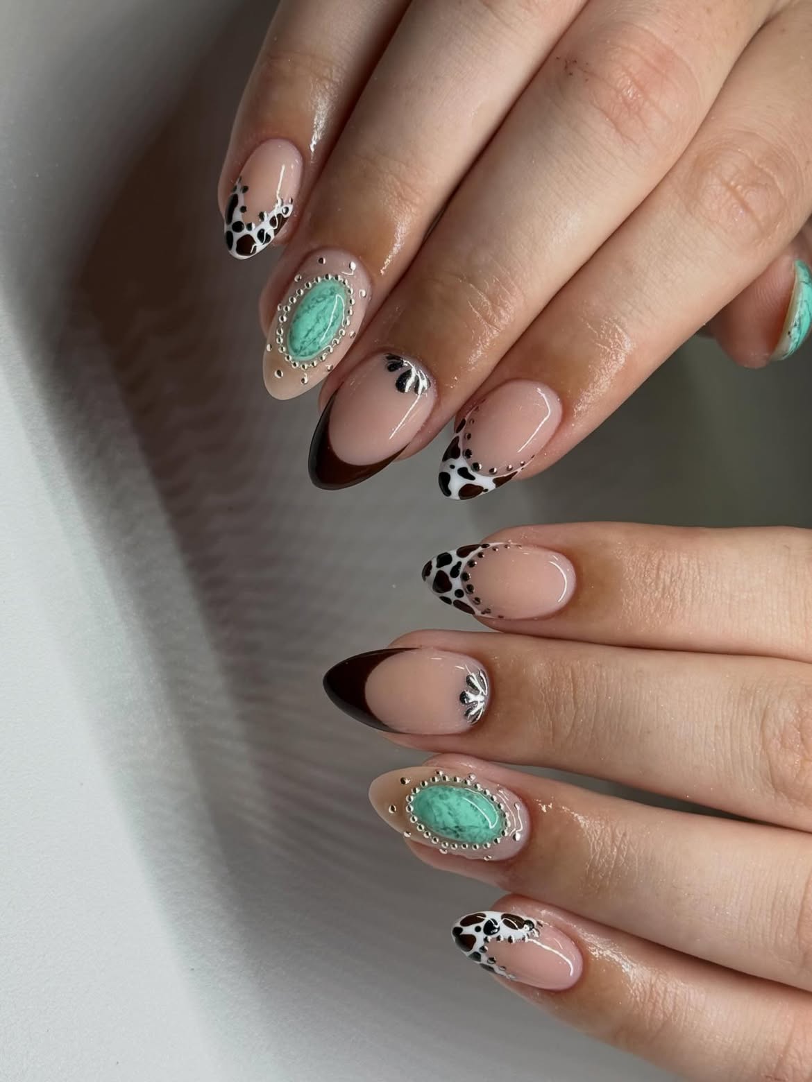 Western Turquoise Gemstone Almond French Nails