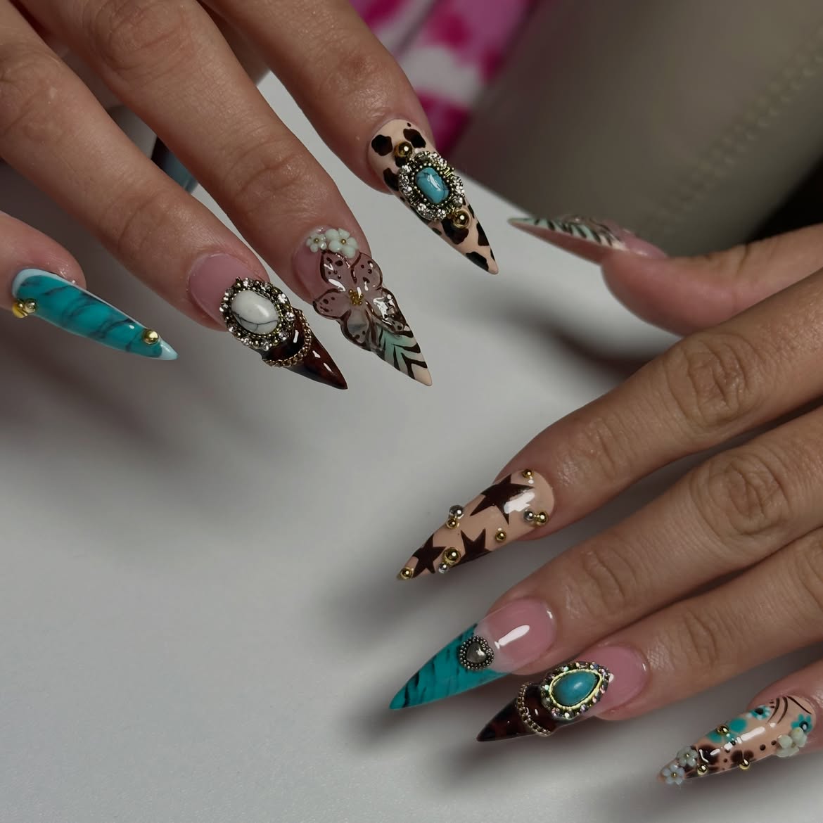 Western Turquoise & Leopard Stiletto Nails