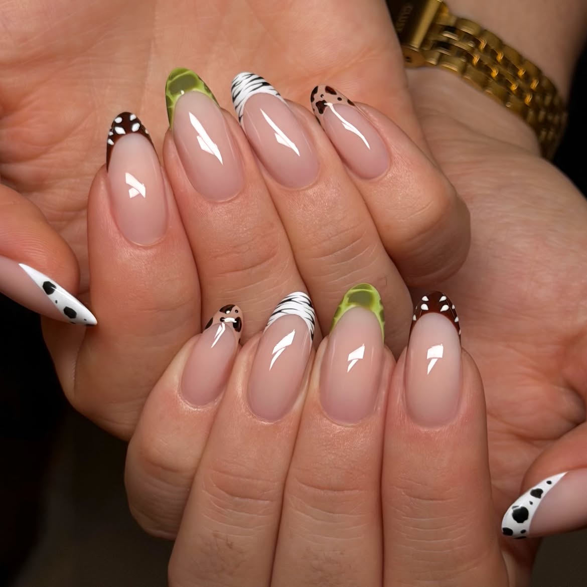 Whimsical Animal Print Almond French Tip Nails