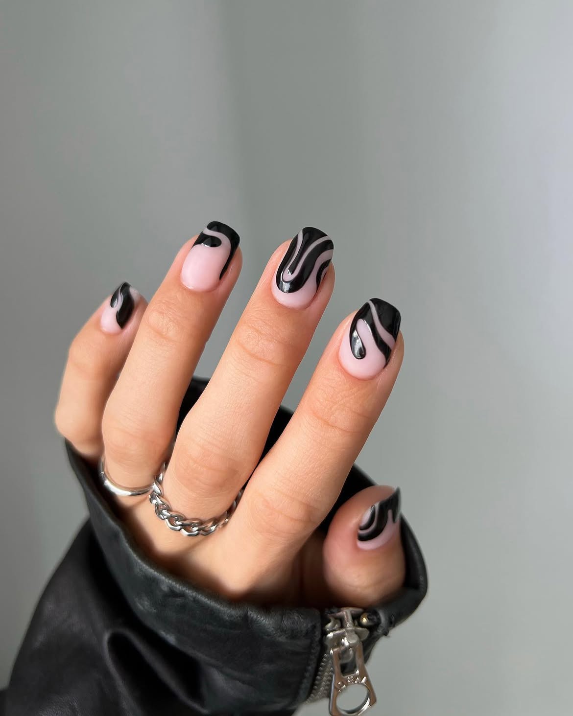 Abstract Swirl Black and Pink Nails