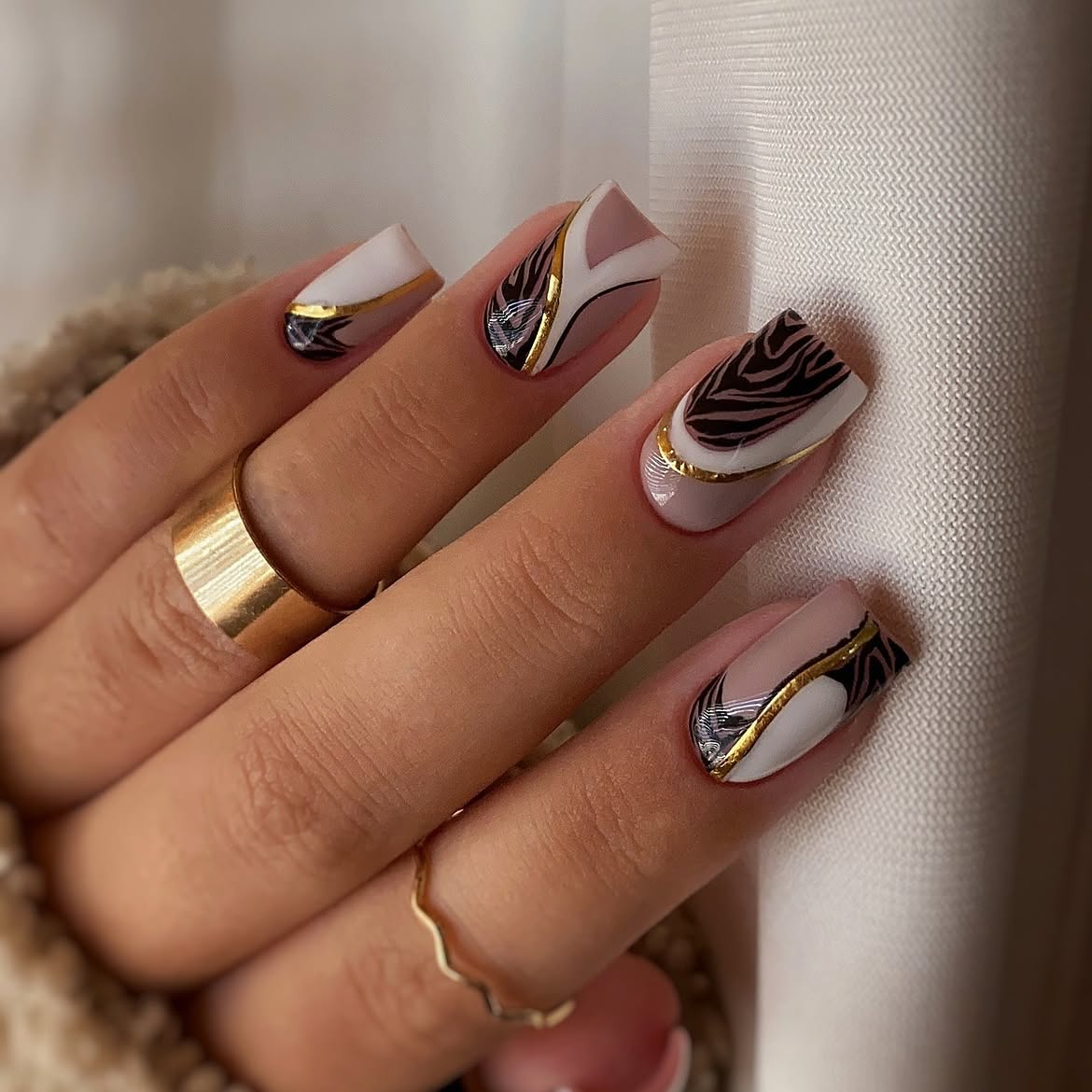 Abstract Zebra Print Square Nails with Gold Accents