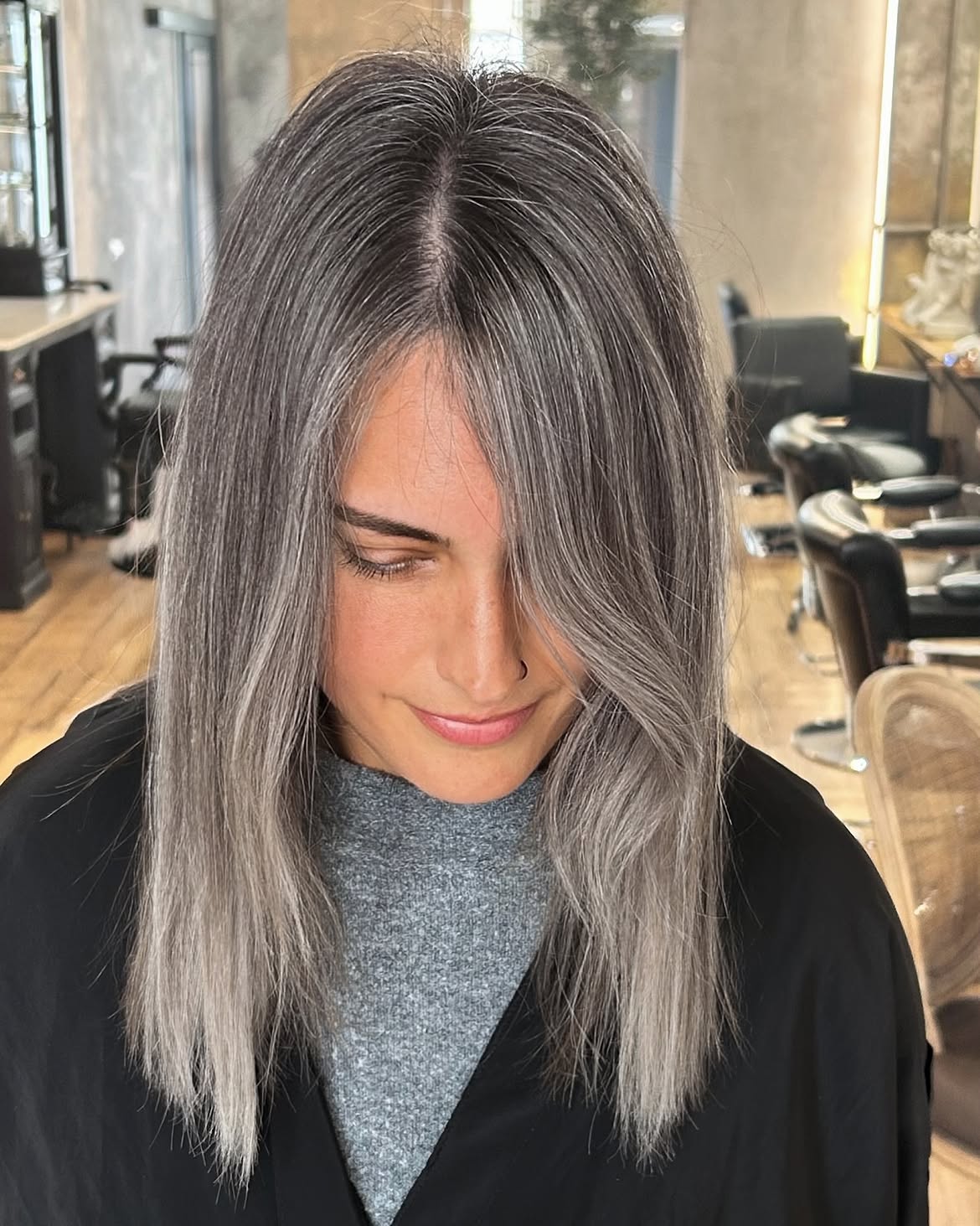 Ash Grey Balayage With Soft Waves