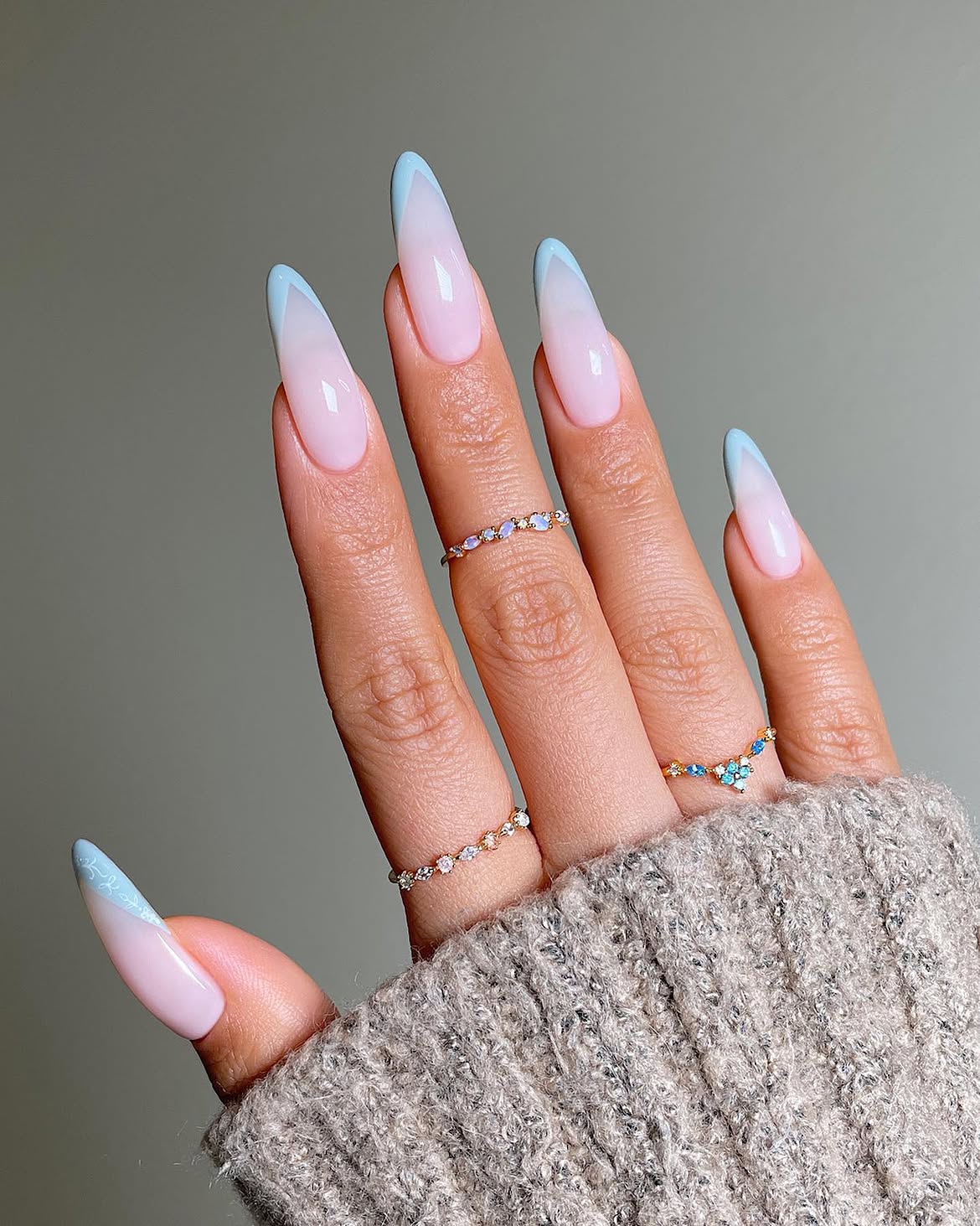 Baby Blue Tip Ombre Almond French Nails
