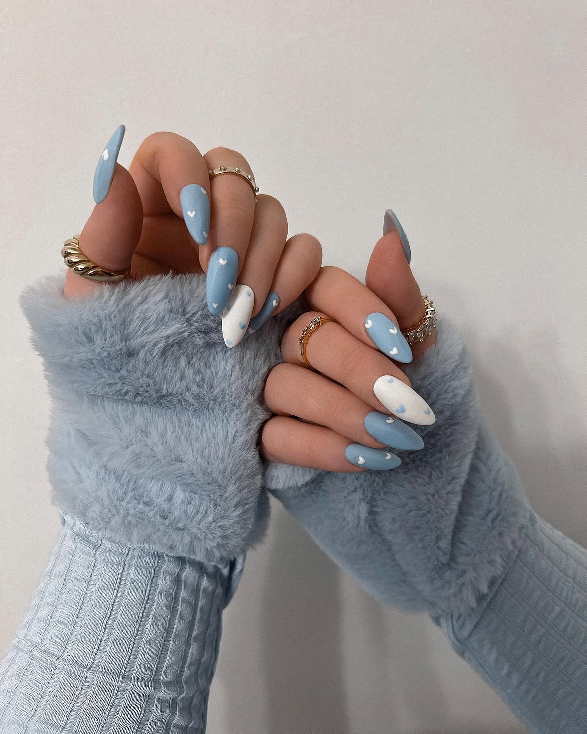 Baby Blue & White Heart Almond Nails