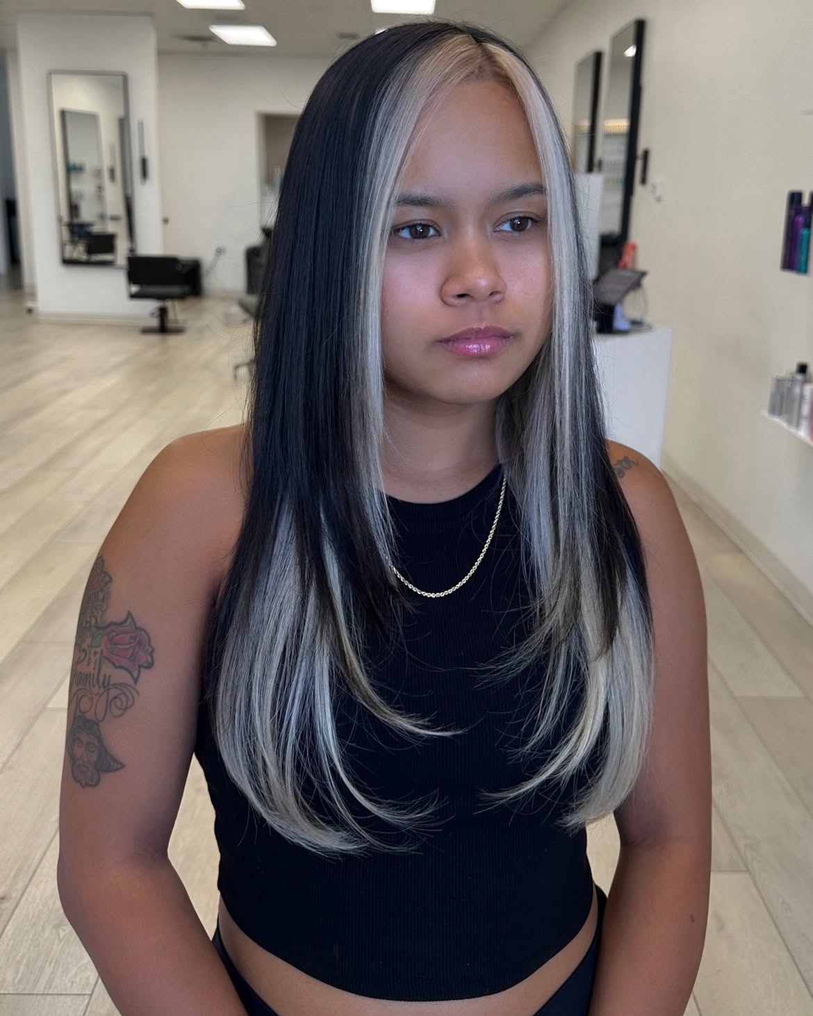 Black Hair With Platinum Blonde Money Piece
