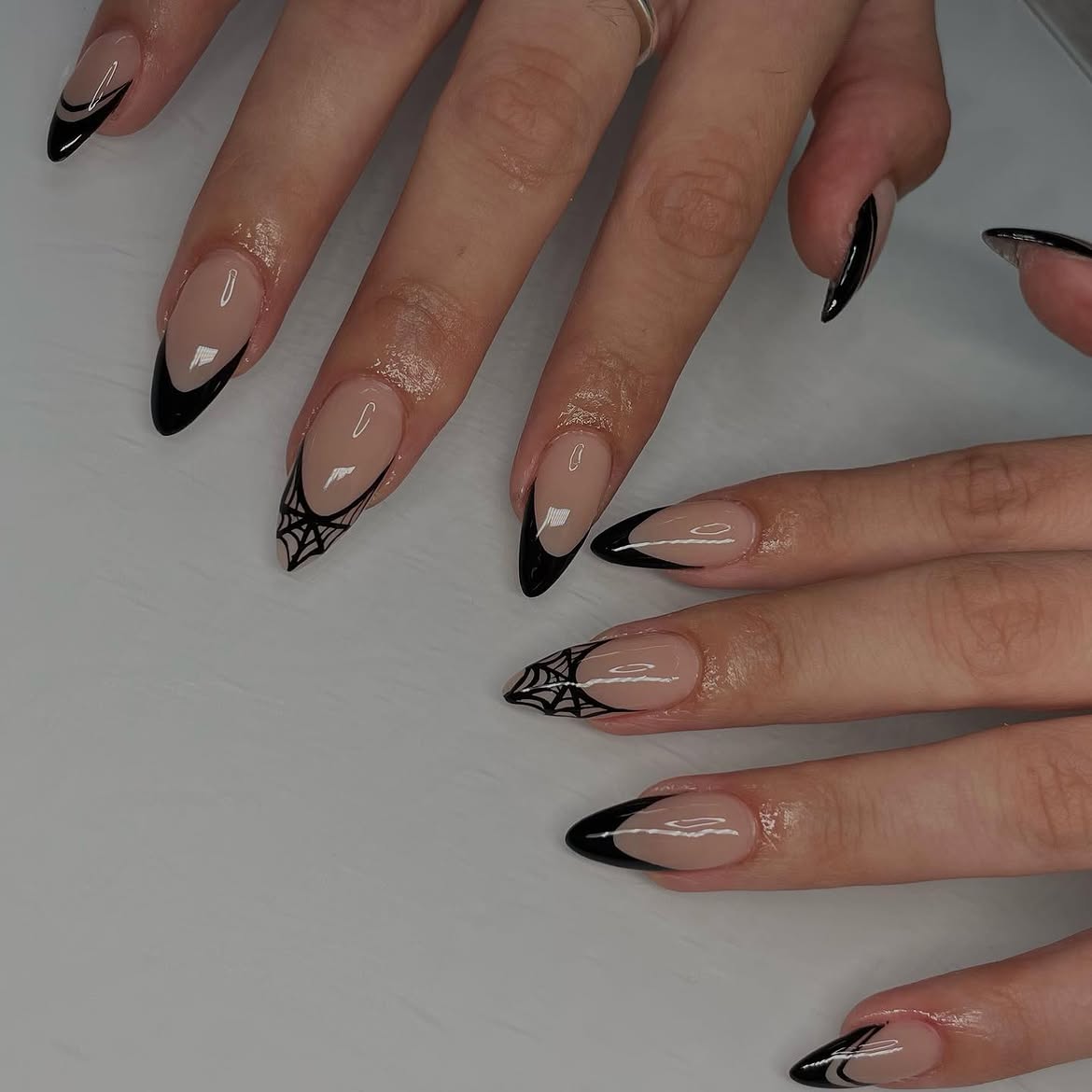 Black Spiderweb French Tip Stiletto Nails