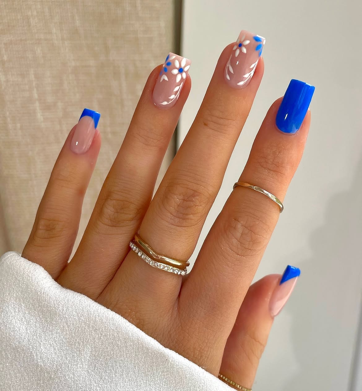 Blue French Tip Floral Square Nails