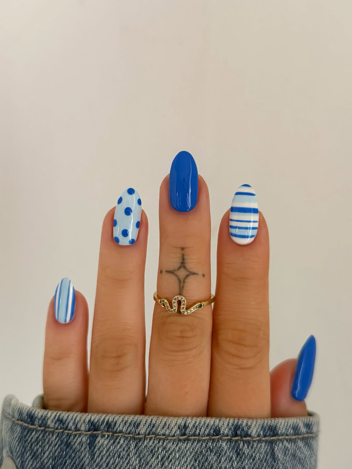 Blue Stripes and Polka Dot Oval Nails