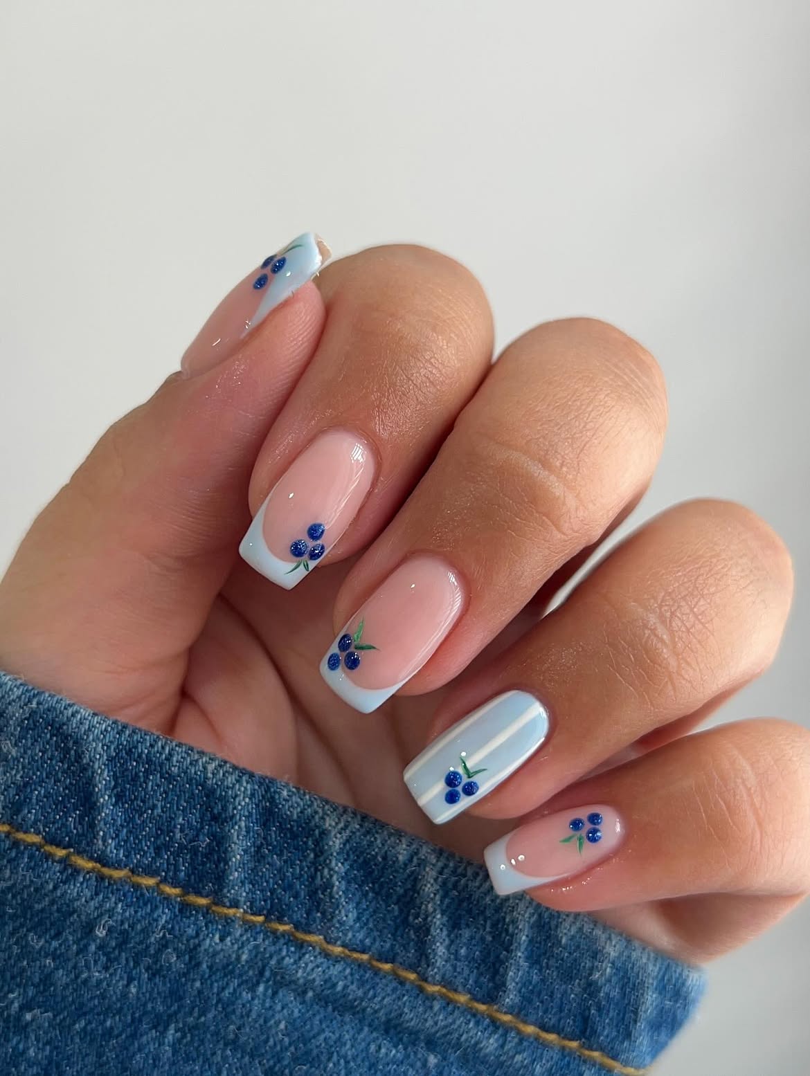 Blueberry French Tip Nails with Striped Accent