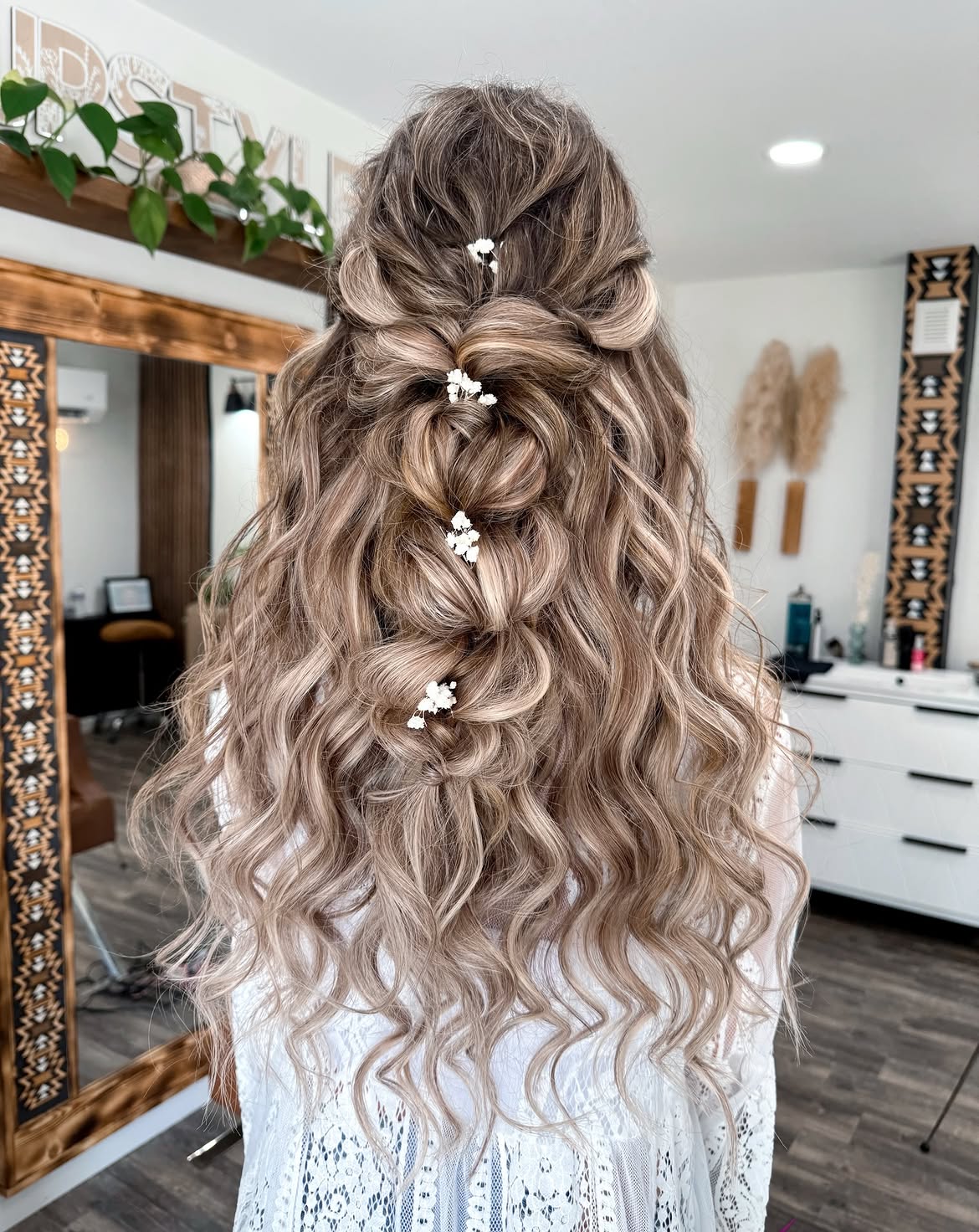 Boho Half-Up Braided Waves With Floral Accents