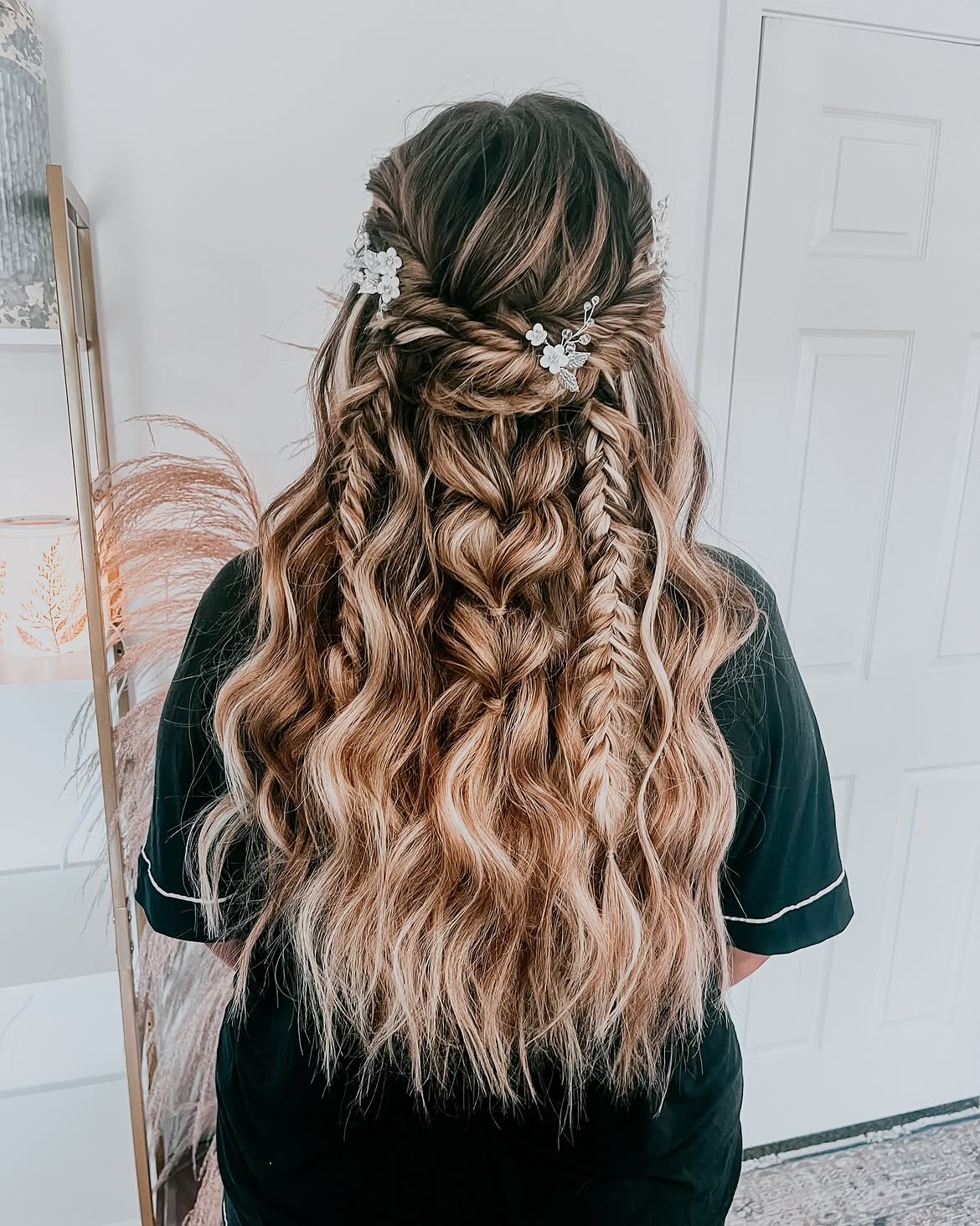 Boho Half-Up Braided Waves With Floral Accents