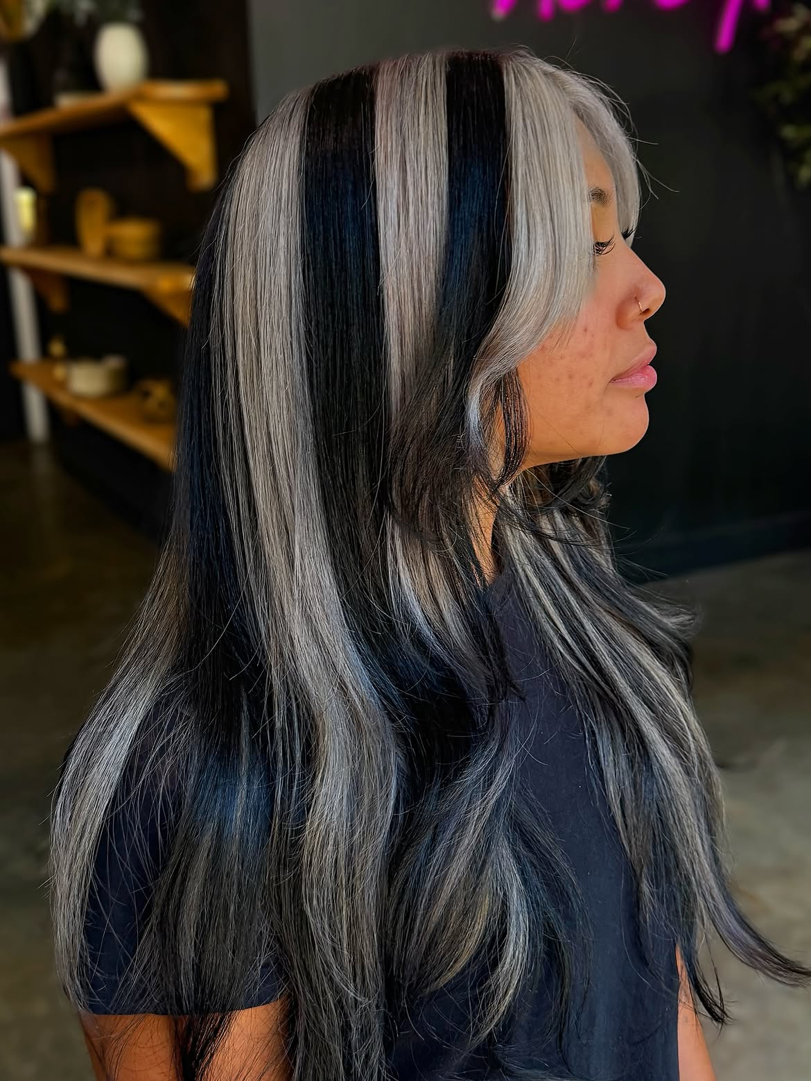 Bold Black and Silver Skunk Stripe Hair