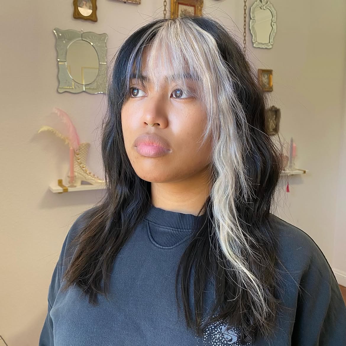 Bold Black and White Skunk Stripe Hair