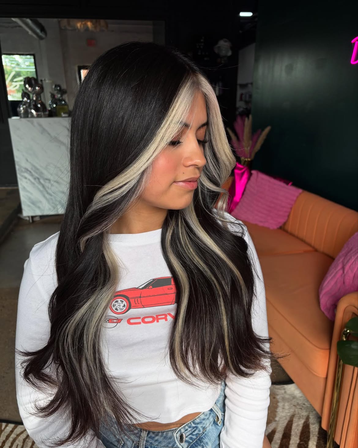 Bold Black Hair With Chunky Platinum Blonde Money Piece