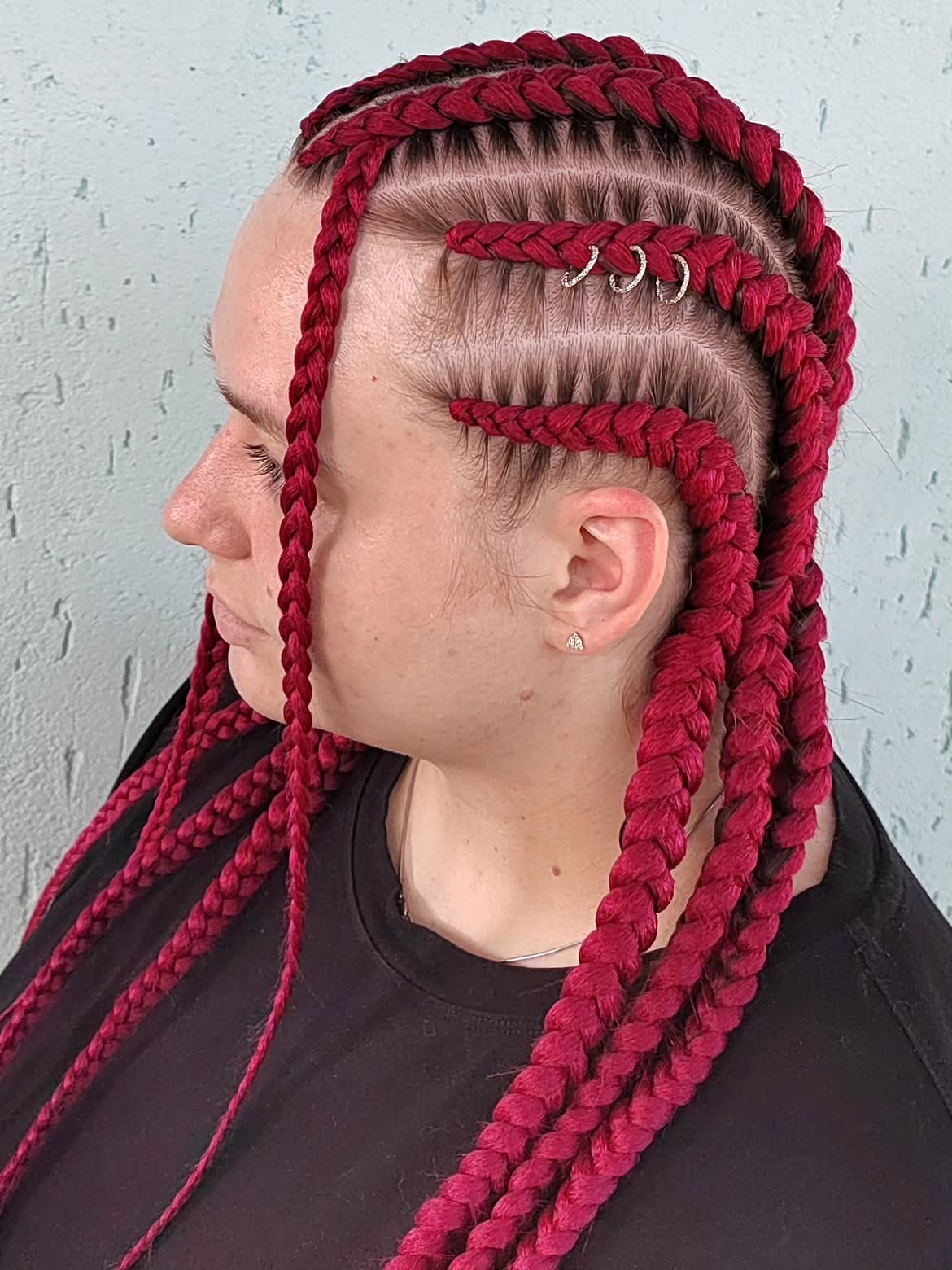 Bold Cherry Jumbo Braids With Hoop Accents