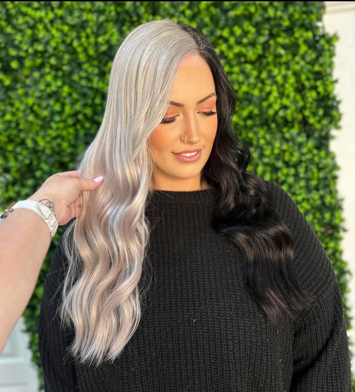Bold Half Black Half Blonde Wavy Hair