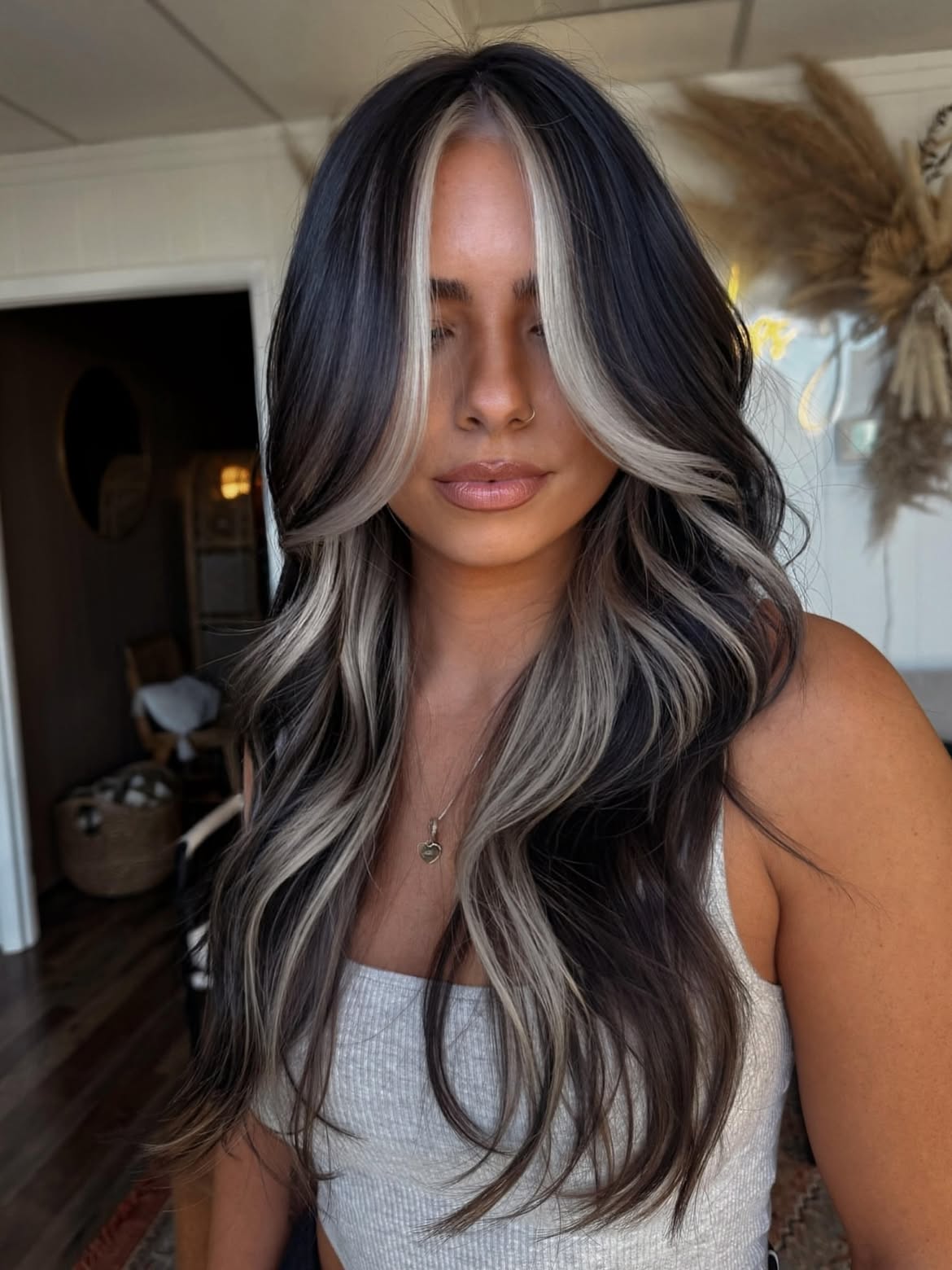 Bold Platinum Money Piece On Dark Wavy Hair