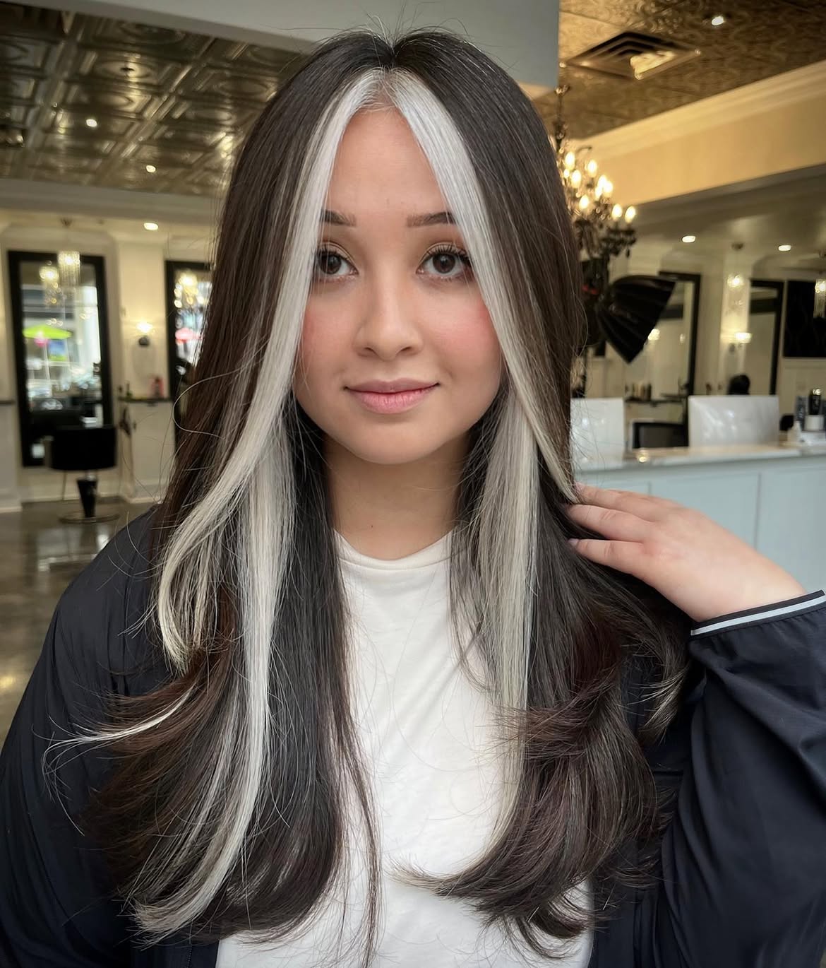 Bold Platinum Money Piece On Espresso Brown Hair