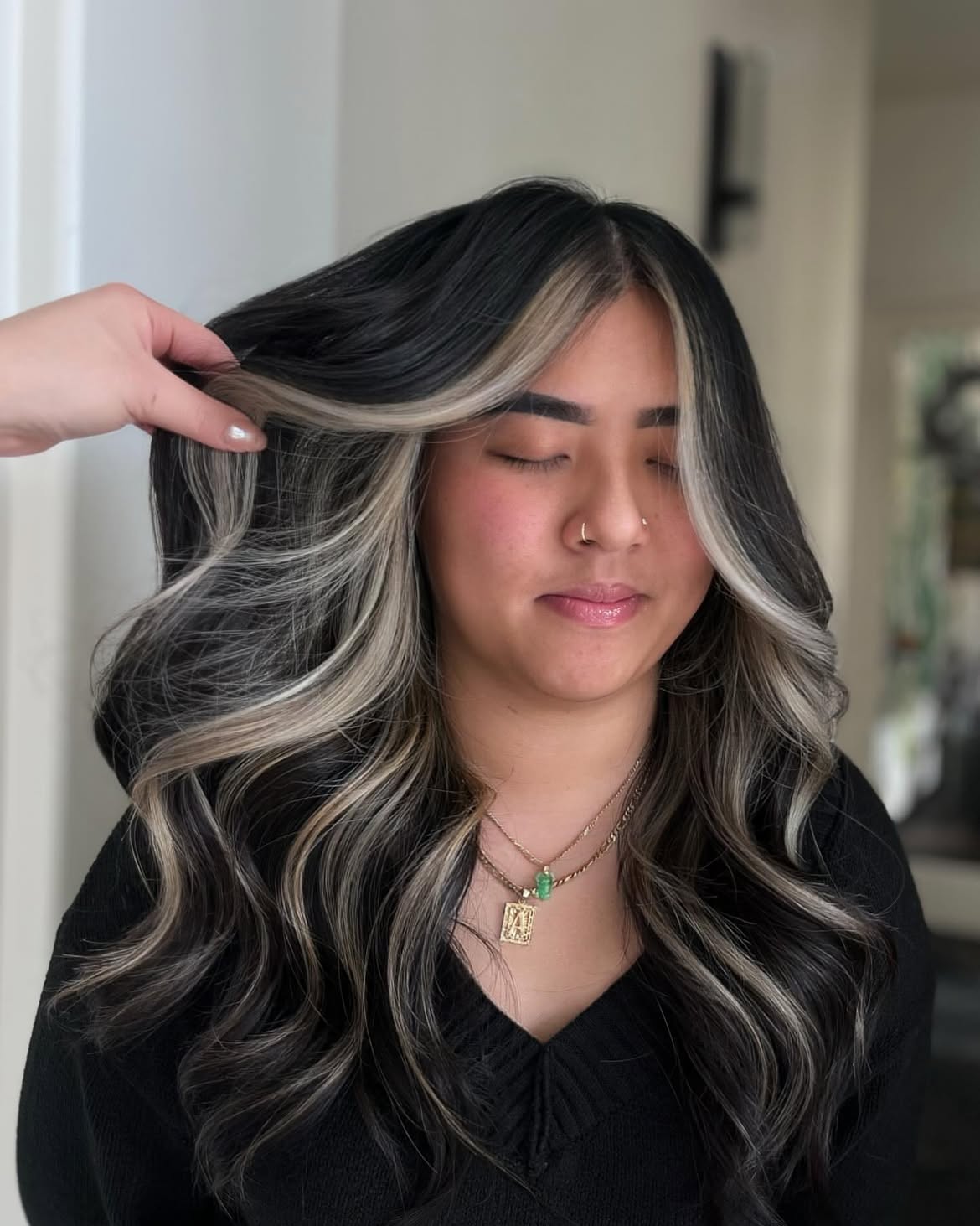 Bold Platinum Money Piece On Jet Black Hair
