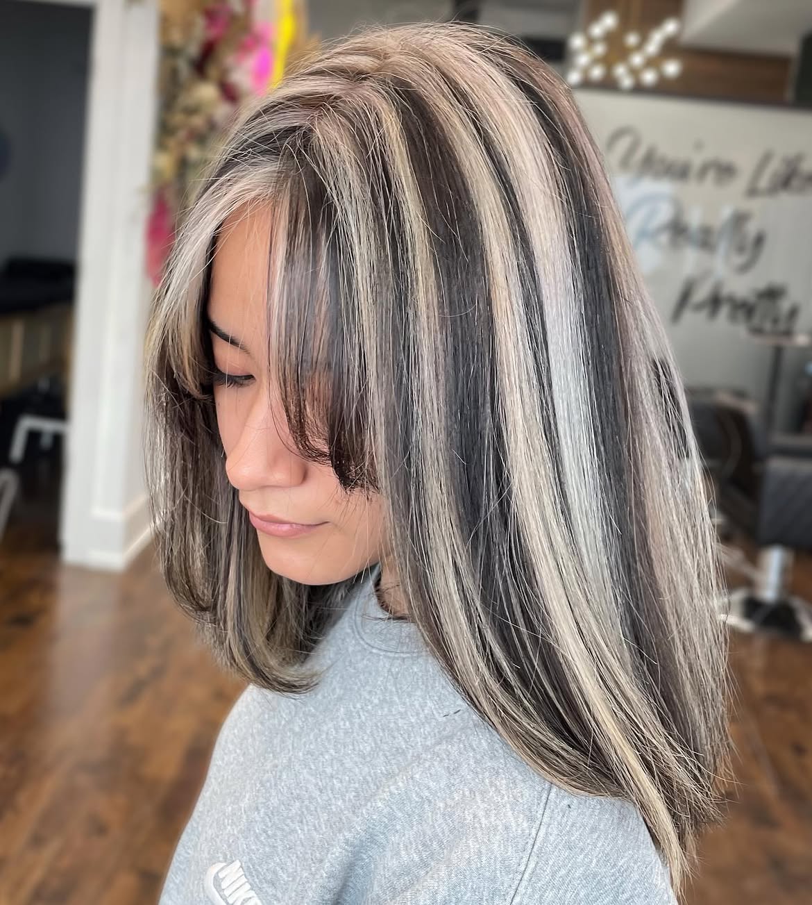 Bold Skunk Stripe Lob with Curtain Bangs