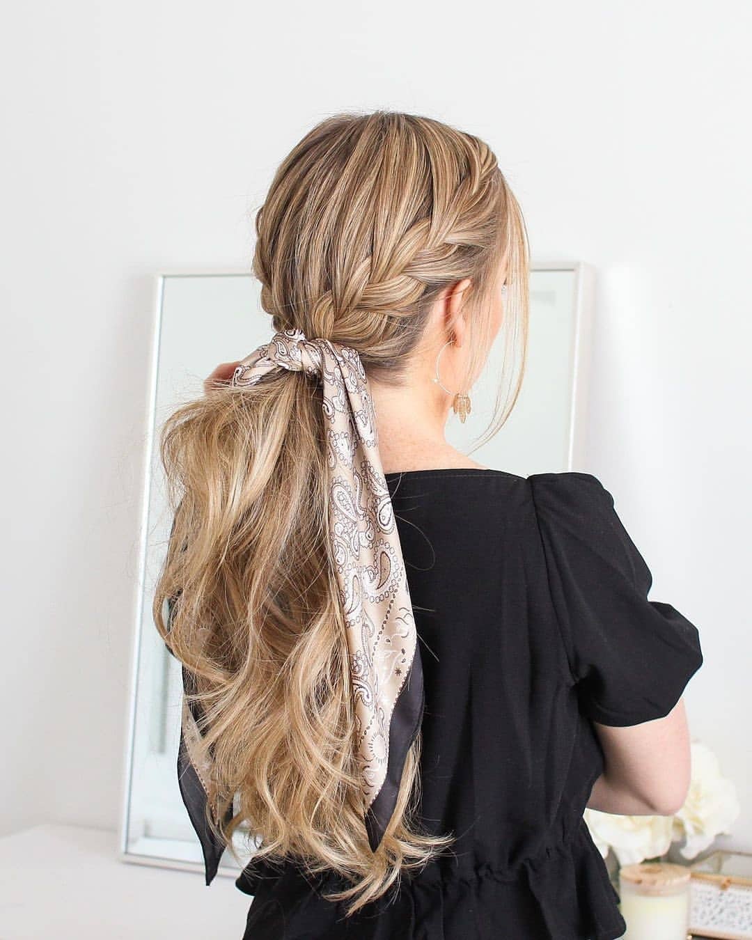 Braided Low Ponytail With Silk Scarf Accessory