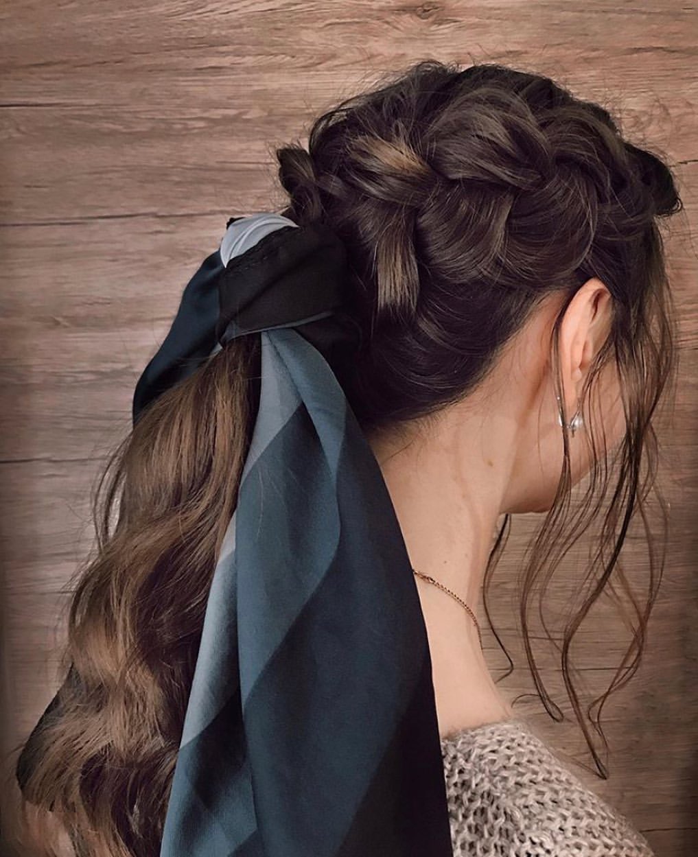 Braided Low Ponytail With Silk Scarf Accessory