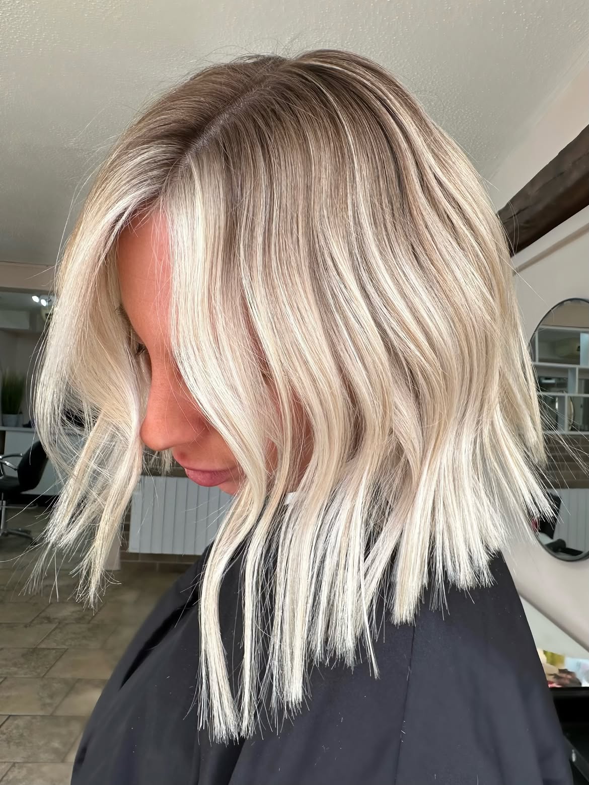 Bright Platinum Blonde Blunt Bob With Shadow Root