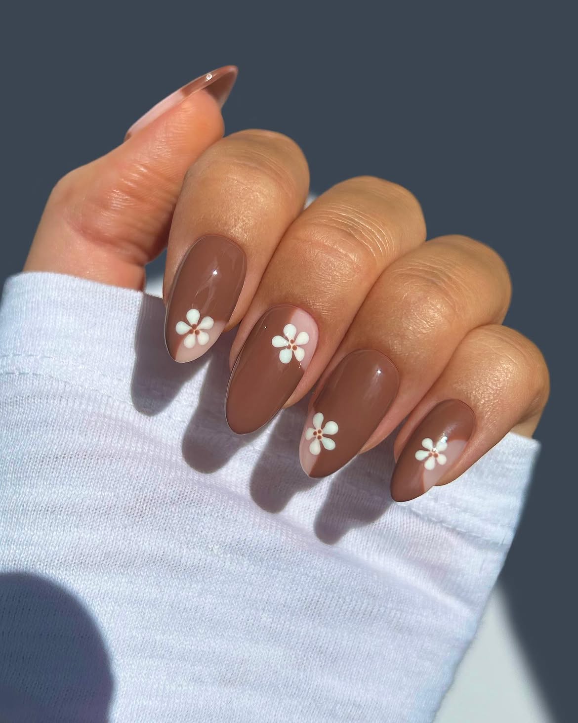 Brown French Tips With White Flower Accent